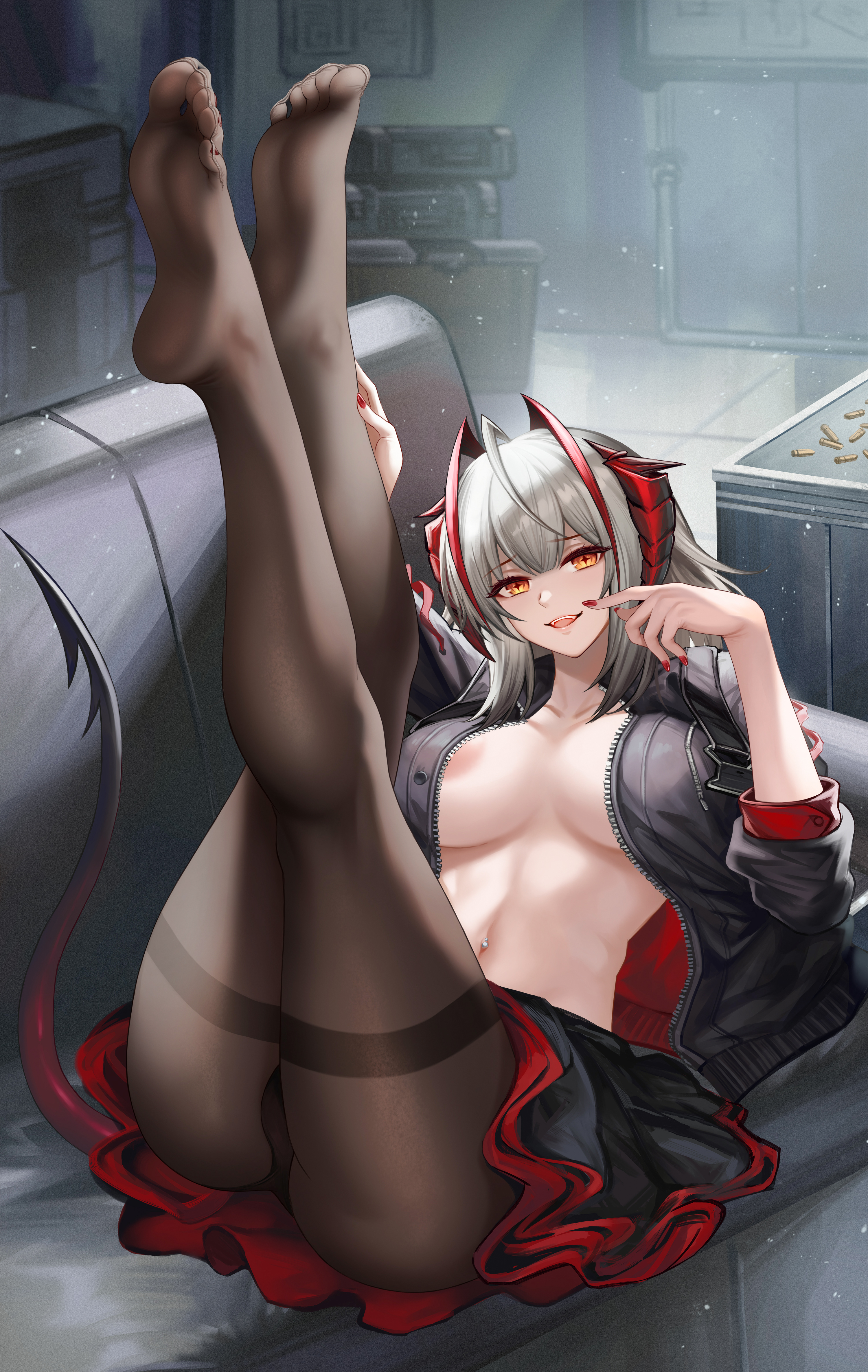 arknights, breasts, clothing, feet, female, fingerless gloves, horns, kacyu, leggings, legwear, nipples, no bra, red nails, skirt, smile, tail, w (arknights), white hair, yellow eyes