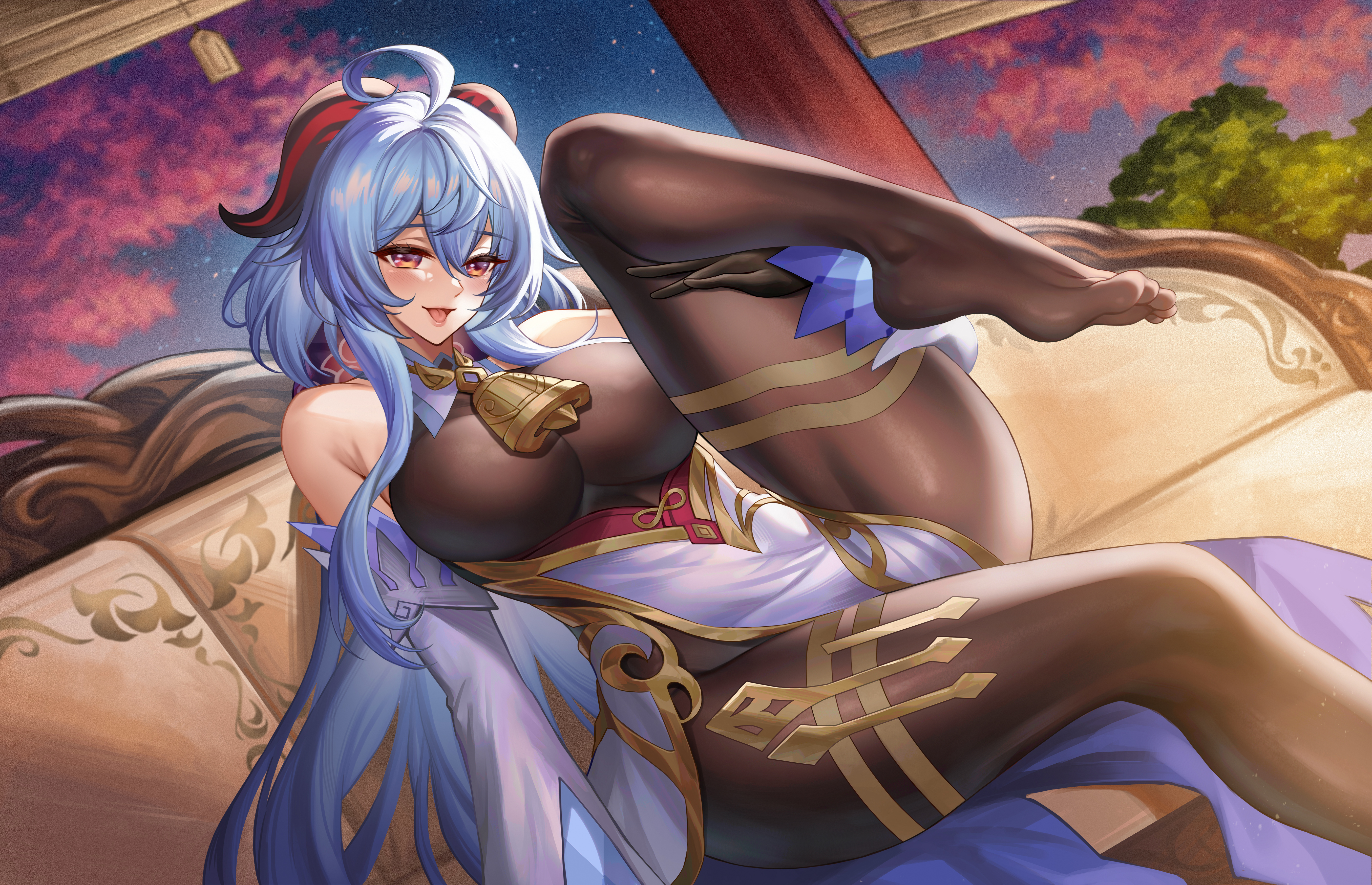 1girls, blue hair, breasts, clothed, feet, female, ganyu (genshin impact), genshin impact, gloves, grabbing, holding legs, horns, kacyu, thick thighs, tongue