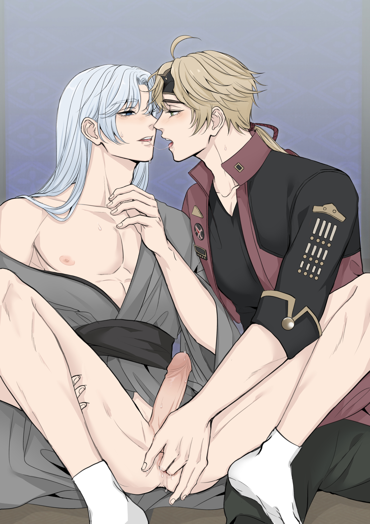 2boys, after kiss, anal fingering, blonde hair, bodily fluids, clothing, erect penis, erection, fingering, fingering partner, fingers in ass, gay, genitals, genshin impact, kamisato ayato, legs apart, looking at partner, male, male only, male/male, penis, rinrink20, robe, saliva, saliva trail, sitting, socks, thoma (genshin impact), yaoi