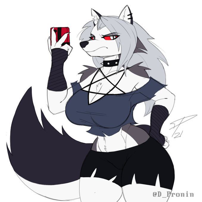 anthro big_breasts big_hips breasts canid canid_demon clothed clothing demon dpronin female female_only fur furry furry_only goth green_eyes hellhound helluva_boss hips human loona_(helluva_boss) phone red_eyes red_sclera simple_background solo tail thick_thighs thighs vivienne_medrano white_background white_fur