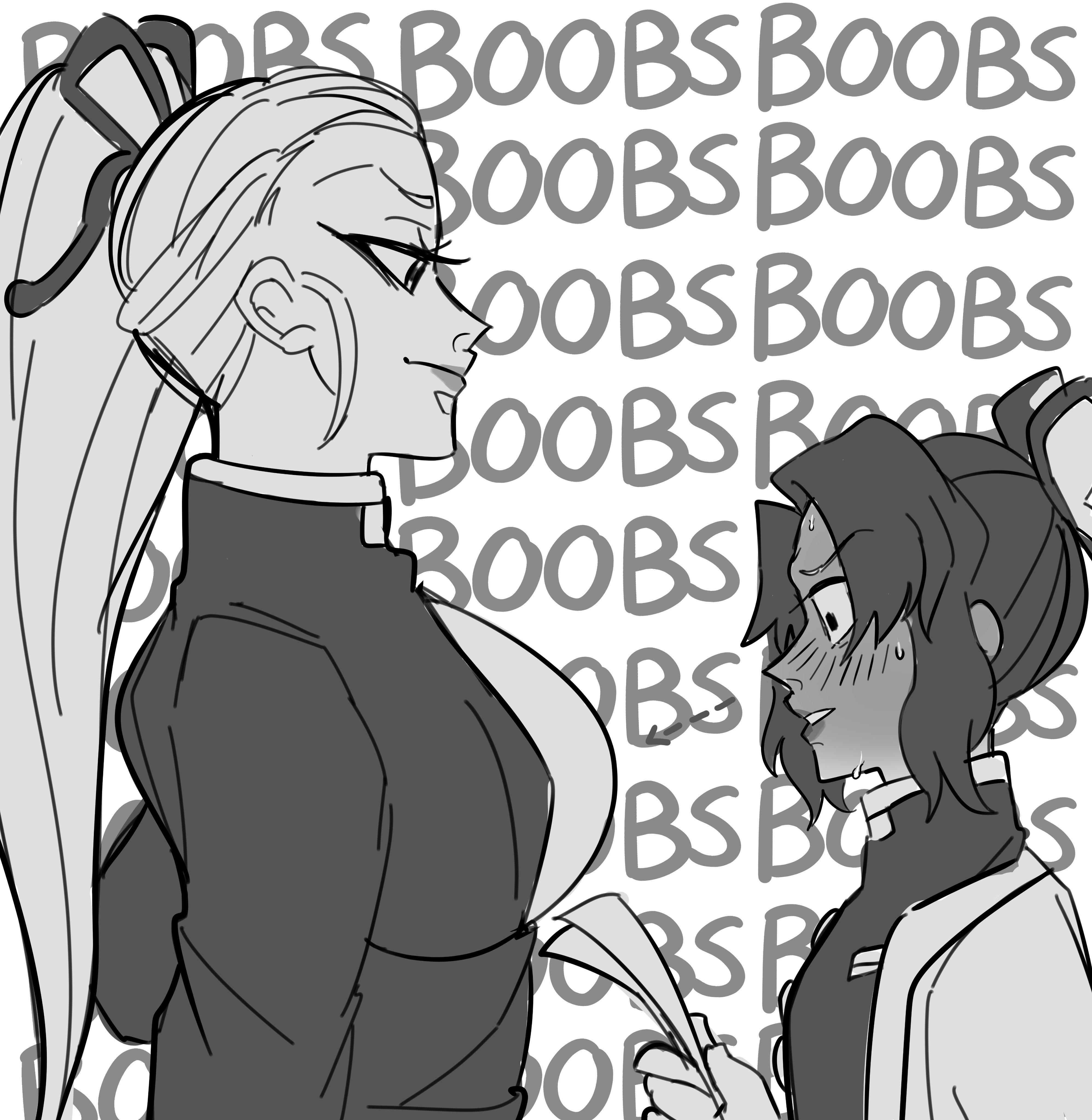 2girls, black and white, blush, breast awe, breasts, butterfly hair ornament, daki (kimetsu no yaiba), demon slayer, female, female only, gay panic, kimetsu no yaiba, kochou shinobu, large breasts, monochrome, pillar, size difference, stare, text, text background, white hair, yuri