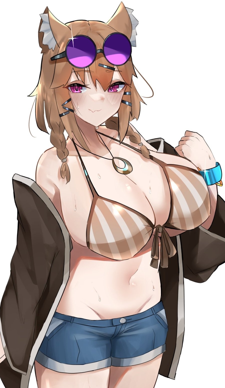 1girls, 2020s, 2021, animal ear fluff, animal ears, arknights, bikini, bikini top, blonde hair, blue shorts, blush, bracelet, breasts, cowboy shot, denim, denim shorts, dirty blonde, dirty blonde hair, eyewear on head, female, female focus, female only, hair ornament, hairclip, hand up, highres, huge breasts, image, jewelry, looking at viewer, navel, necklace, oerba yun fang, official alternate costume, purple eyes, sandy blonde, sandy blonde hair, short hair, shorts, simple background, skin fang, smile, solo, solo female, striped, striped bikini, sunglasses, sweat, swimsuit, unknownnoname0, utage (arknights), utage (summer flowers) (arknights), white background