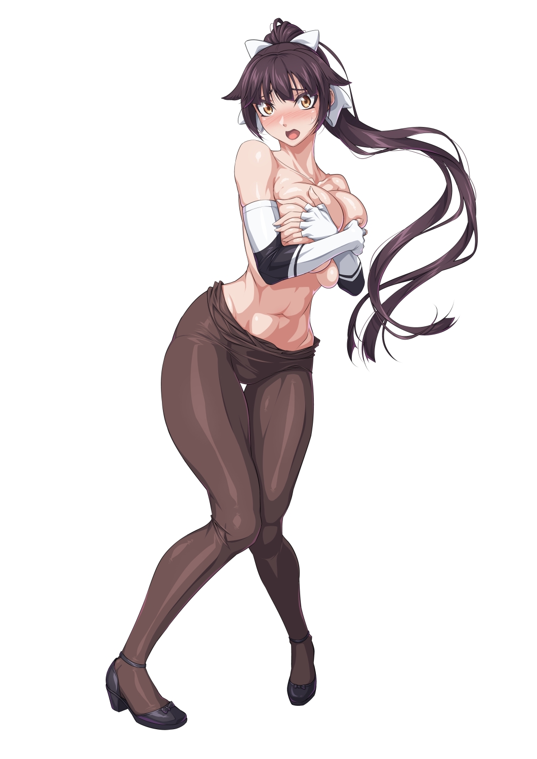 azur_lane bangs black_footwear blush bodystocking bow breasts breasts_day brown_eyes brown_hair brown_legwear collarbone commentary_request commission covering covering_breasts elbow_gloves eyebrows_visible_through_hair female fingerless_gloves floating_hair full_body gloves hair_between_eyes hair_flaps hairbow high_heels highres large_breasts long_hair looking_at_viewer navel nose_blush open_mouth ozucat partial_commentary ponytail sidelocks simple_background skeb_commission solo standing stomach takao_(azur_lane) takao_(full_throttle_charmer)_(azur_lane) thigh_gap topless very_long_hair white_background white_bow white_gloves