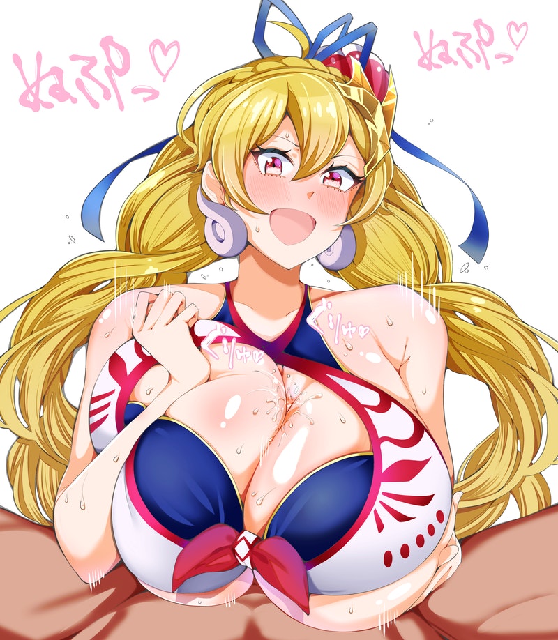 1boy, 1girls, alternate breast size, big breasts, blonde hair, blush, breast grab, breast hold, breasts, color, cum, cum between breasts, ejaculation, ejaculation between breasts, engulfing paizuri, faceless male, female, female focus, gigantic breasts, happy sex, heart, huge breasts, japanese text, large breasts, leviathan (megido72), male, megido72, motion lines, open mouth, open smile, paizuri, paizuri lead by female, paizuri on lap, pink eyes, smile, straight, tero (o11q), text