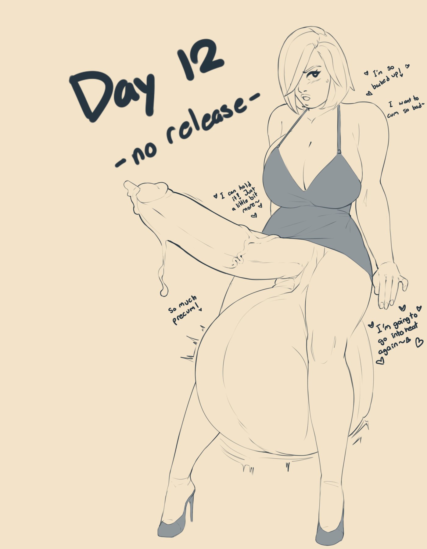 1futa, balls, bottomless, breasts, clothed, clothing, dialogue, erection, futa only, futanari, huge cock, human, hyper, hyper balls, intersex, long hair, lovana (syntheticpotato), monochrome, no nut november, orgasm denial, oversized balls, partially clothed, penis, pent up, precum, precum drip, solo, standing, syntheticpotato, text