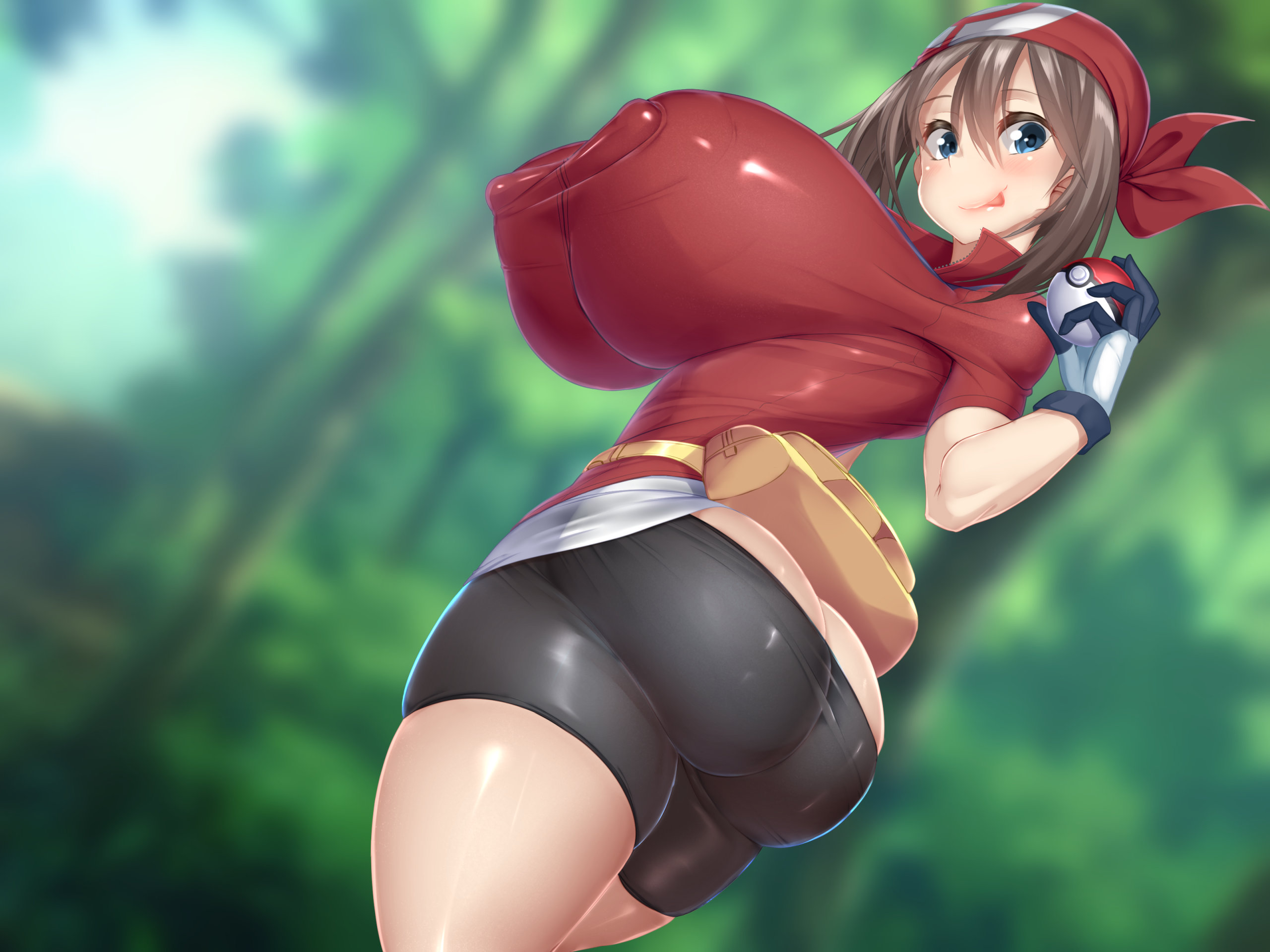 1girls, alternate breast size, ass, bandana, big ass, big breasts, big butt, bike shorts, bimbo, blue eyes, breasts, brown hair, eye contact, female, gigantic breasts, huge ass, huge breasts, kawahagitei, large breasts, looking at viewer, may (pokemon), nintendo, nipple bulge, pokemon, pokemon rse, shorts, solo, spandex shorts, standing, thick ass, thick thighs, thighs, tight, tight clothes, tight clothing