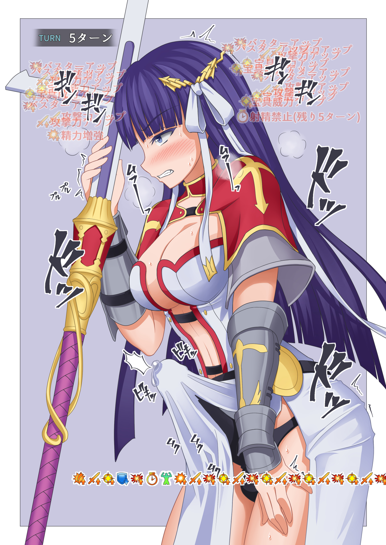 1futa, balls, bangs, big penis, blue hair, blush, breasts, cleavage, clothed, clothing, dialogue, erection, erection in panties, erection under clothes, fate (series), futa only, futa yami, futanari, gameplay mechanics, gauntlets, horny, human, intersex, japanese text, light skin, light-skinned futa, long hair, mostly clothed, orgasm denial, pale skin, panties, pelvic curtain, penis, precum, precum through clothing, saint martha, side view, solo, staff, standing, status effect, sweat, tenting, text, translation request