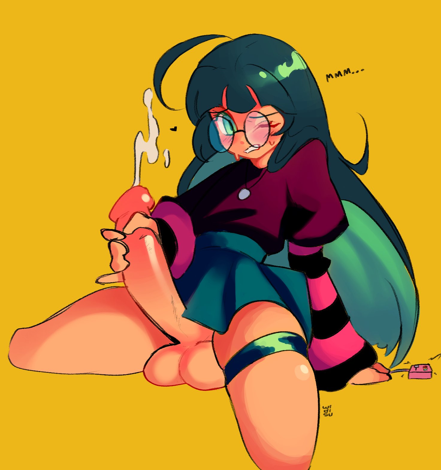 1boy, art trade, balls, balls on floor, bangs, big balls, big penis, bottomless, clenched teeth, clothed, clothing, crossdressing, cum, ejaculation, erection, femboy, glasses, green hair, huge cock, human, hung trap, light skin, light-skinned male, long hair, male, male only, mostly clothed, one eye closed, orgasm, pale skin, penis, skirt, solo, sweat, trap, vibrator, widisu