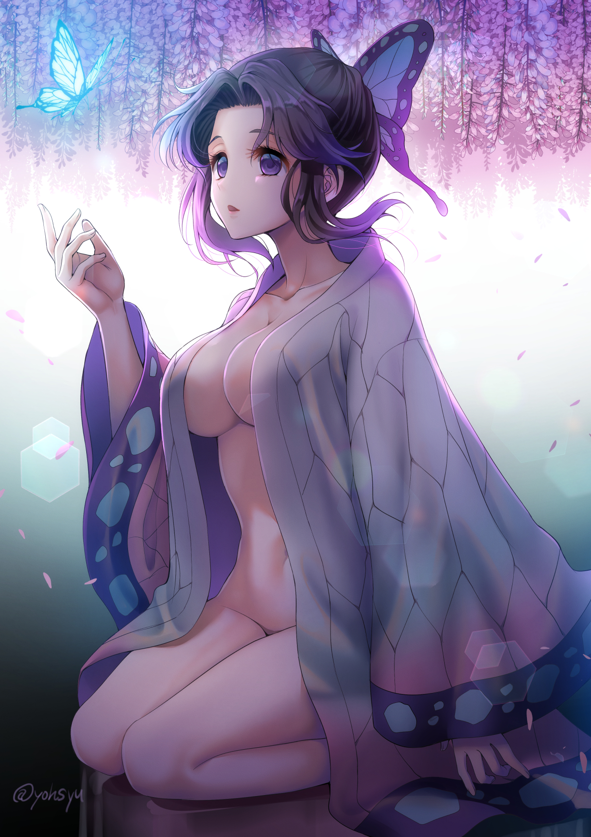 1girls, big breasts, black hair, breasts, butterfly, butterfly hair ornament, cleavage, covered nipples, dark hair, demon slayer, female, female only, flowers, haori, kimetsu no yaiba, kochou shinobu, mostly nude, partially clothed, petals, purple eyes, purple hair, purple-haired female, seiza, sitting, solo, two-tone hair, wisteria (flower), youshuu
