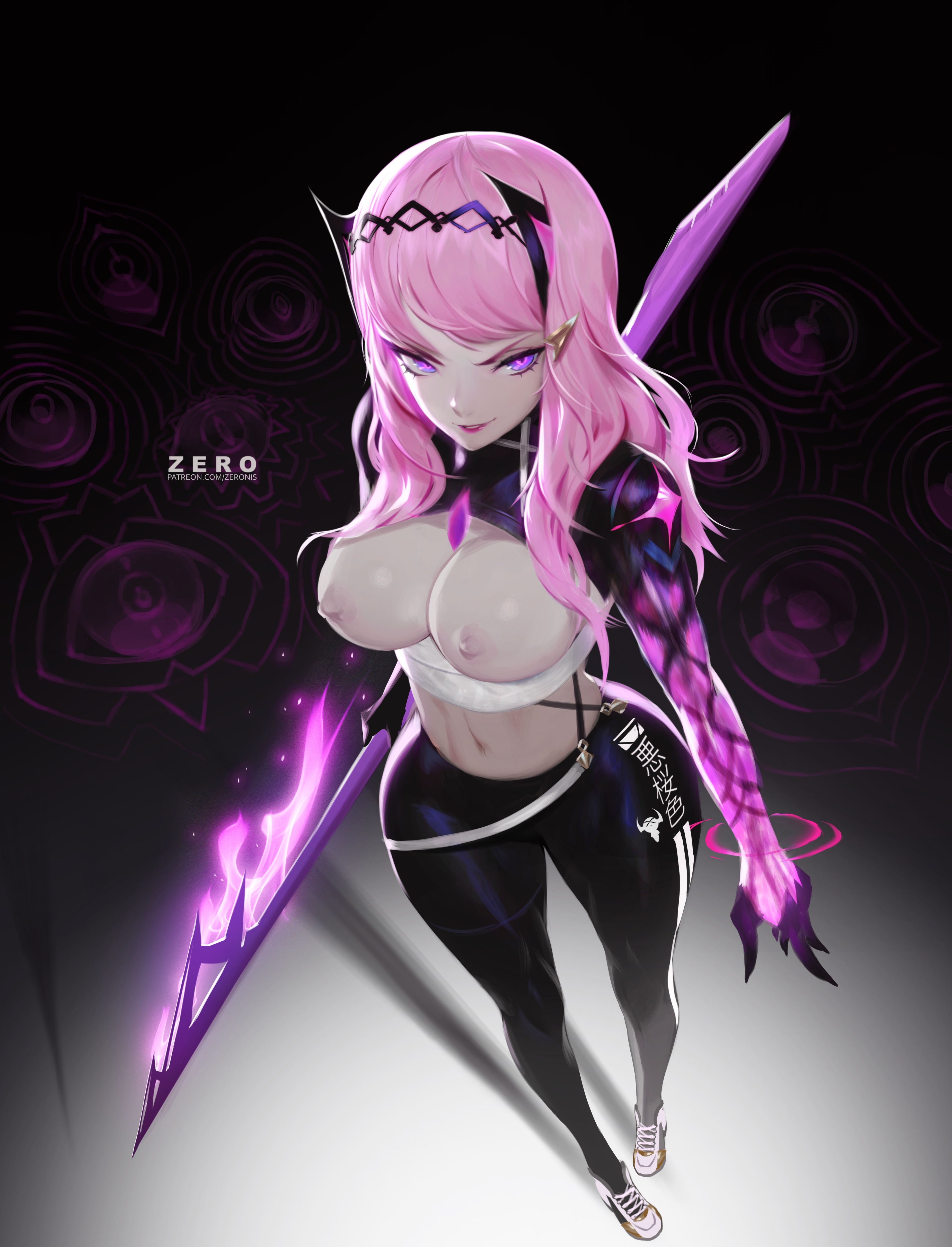 1girls, breasts, breasts out, devil, female, hair ornament, lance, long hair, original, original character, pink hair, purple eyes, solo, sportswear, weapon, zeronis