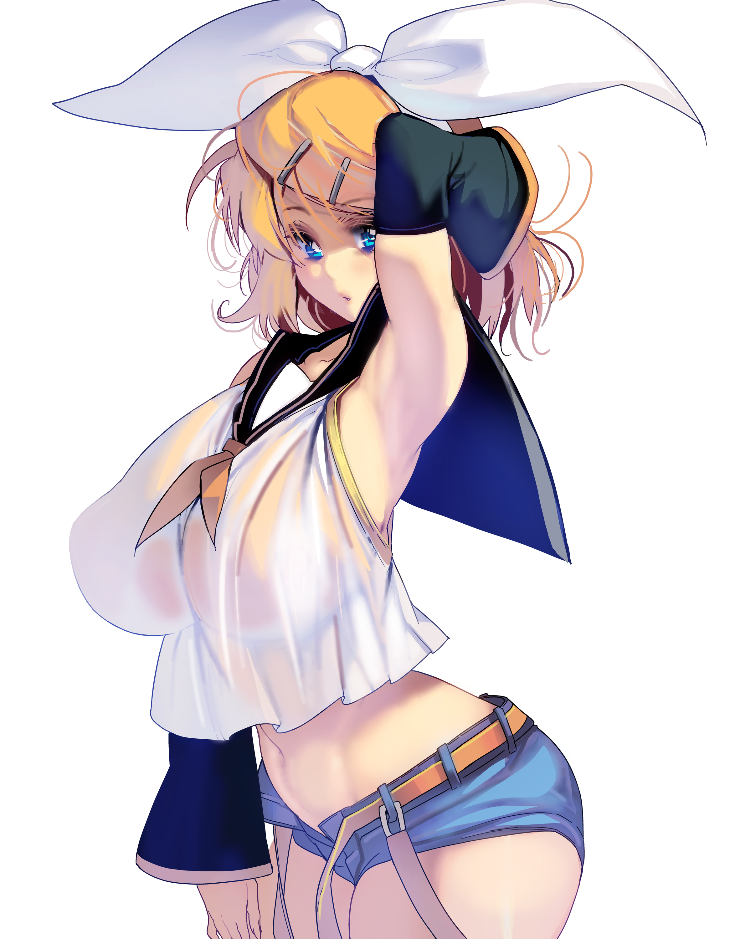 armpit, big breasts, blonde hair, blue eyes, breasts, crop top, detached sleeves, female, female only, hairbow, hairclip, huge breasts, kagamine rin, looking at viewer, masao, medium hair, no bra, sailor collar, see-through clothing, short hair, short shorts, shorts, solo, unbuckled belt, vocaloid, white shirt