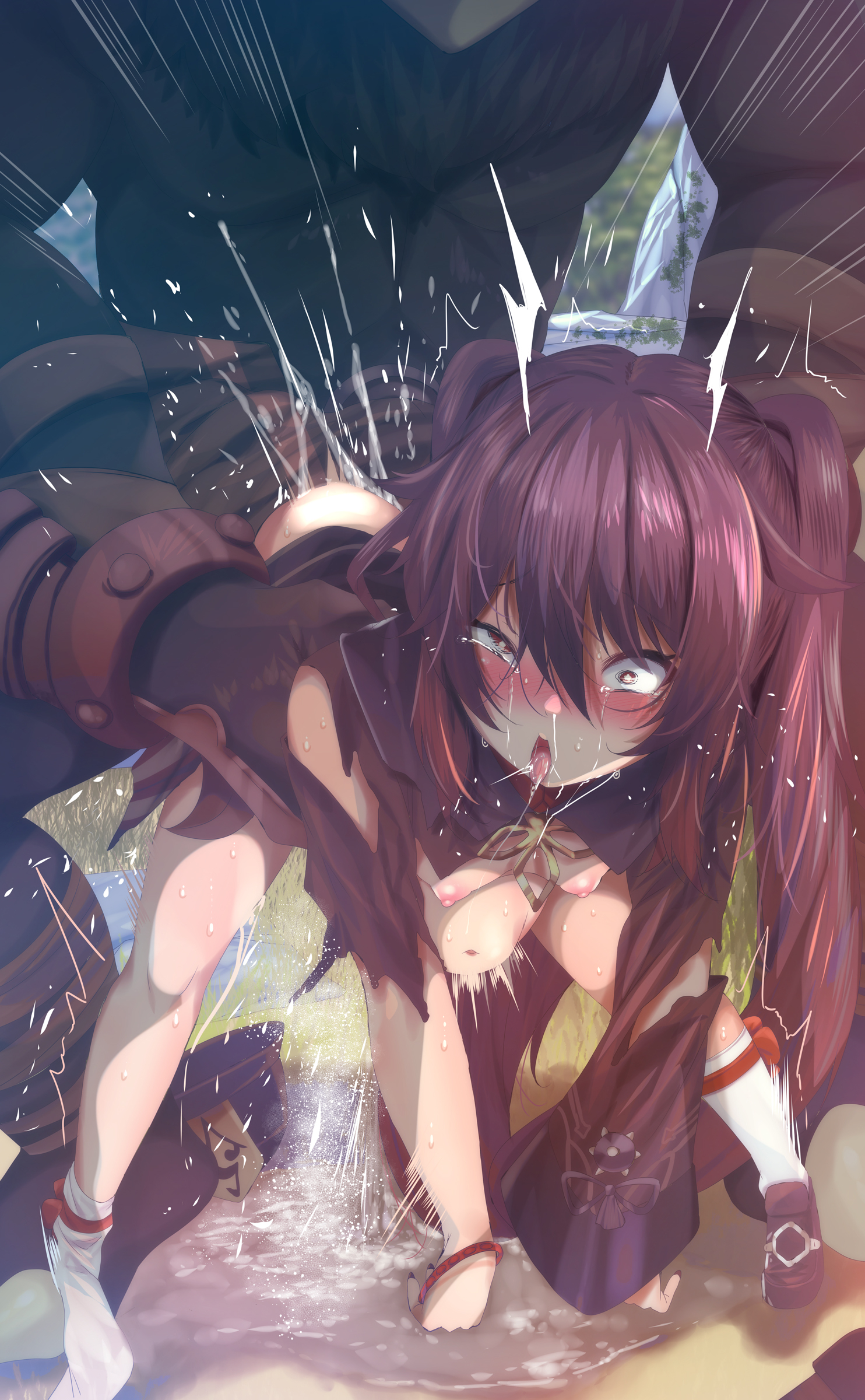 1boy, 1girls, 2021, ahe gao, ambiguous penetration, areolae, bad id, bending over, bent over, blush, breasts, brown eyes, brown hair, cum, cum inside, defeated, defeated heroine, doggy style, drooling, erect nipples, faceless male, female, female focus, female orgasm, female penetrated, forced, from behind, fucked senseless, fucked silly, fumihiko (pixiv2658856), genshin impact, hi res, hilichurls (species), hip grab, hu tao (genshin impact), larger male, legs apart, legs spread, long hair, male, male penetrating, monster, nipples, outdoors, perky breasts, pussy, pussy juice, pussy juice puddle, rape, rough sex, saliva, sex, size difference, small breasts, smaller female, spread legs, star shaped pupils, stomach bulge, stomach deformation, symbol-shaped pupils, tongue, tongue out, torn clothes, trembling, twintails