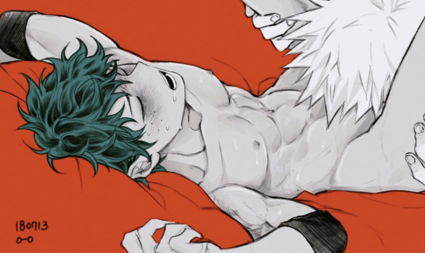 2boys, abs, arms above head, blonde hair, blowjob, blush, closed eyes, elbow pads, fellatio, freckles, gay, green hair, head between thighs, izuku midoriya, katsuki bakugou, leg grab, looking pleasured, lying on back, male, male only, male/male, megane o o, my hero academia, nipples, oral, oral sex, pecs, red background, saliva trail, short hair, six pack, spiky hair, sweatdrop, yaoi