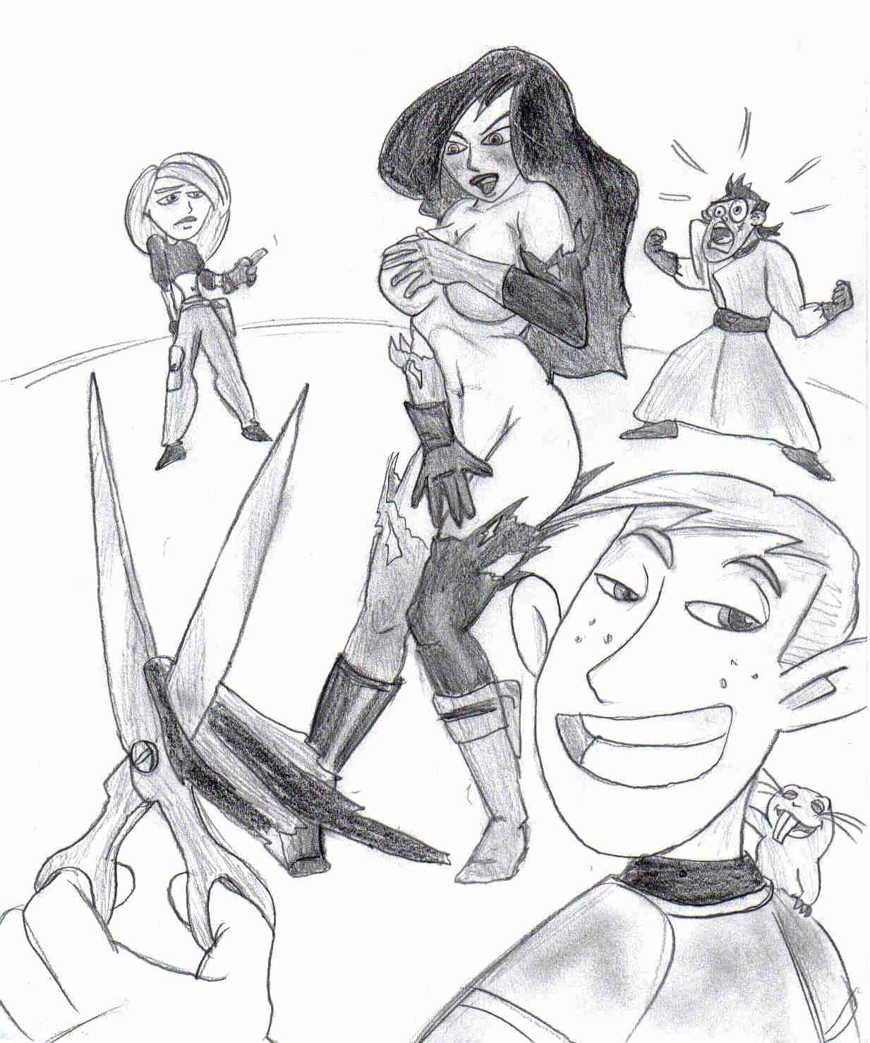 blush covering covering_breasts covering_crotch disney disney_channel dr._drakken embarrassed female human kim_possible kimberly_ann_possible large_breasts male monochrome pointy_chin ron_stoppable rough_sketch rufus_(kim_possible) shego straight_hair tagme torn_clothes