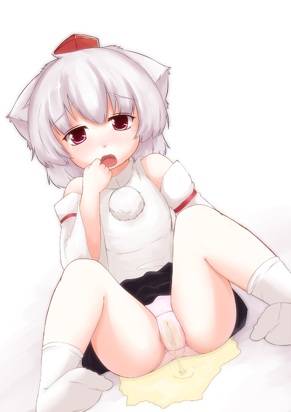 animal_ears bare_shoulders black_skirt blush blushing blushing_at_viewer bottomwear detached_sleeves female female_focus female_only hat headdress headgear headwear kemonomimi looking_at_viewer momiji_inubashiri open_mouth pale-skinned_female pale_skin peeing peeing_on_floor peeing_through_clothing peeing_through_panties pussy_visible_through_clothes pussy_visible_through_panties silver_hair simple_background sitting sitting_on_floor sitting_pee skirt sleeveless sleeveless_shirt socks soiling soiling_underwear solo solo_female solo_focus tagme topwear touhou underwear urinating urinating_female urination urine urine_pool urine_stream wet_panties wetting wetting_panties wetting_self white_background white_panties white_socks white_topwear wolf_ears wolf_girl