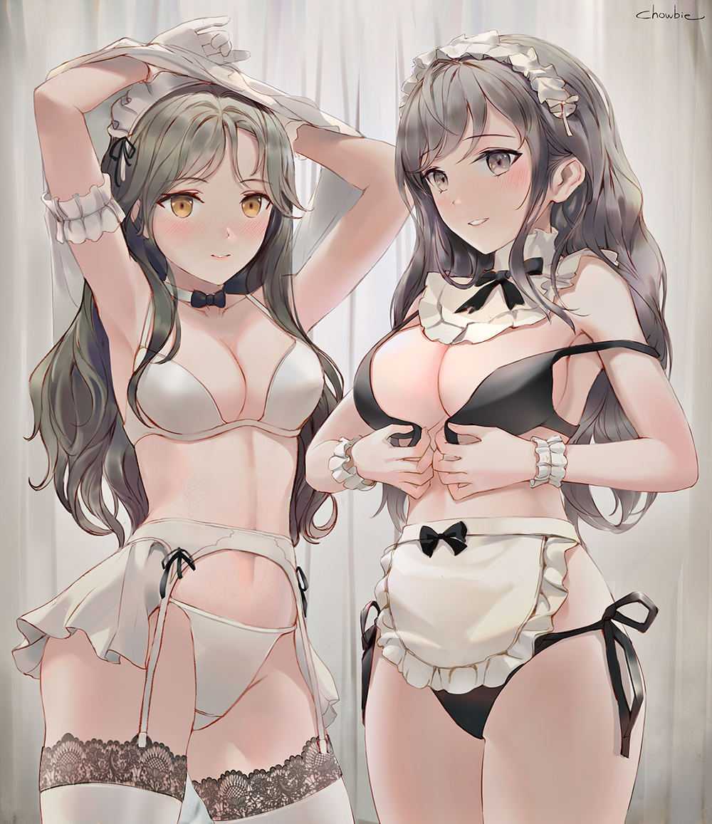 2girls apron armlet armpits arms_up bangs bare_shoulders bikini black_bikini black_bra black_hair black_panties black_swimsuit blush blushing bowtie bra breasts brown_eyes brown_hair choker chowbie cleavage curtains dark_hair detached_collar female female_only fully_clothed garter_belt garter_straps gloves grey_eyes lace lace-trimmed_legwear lace-trimmed_thighhighs lace_trim large_breasts light-skinned_female lingerie long_hair looking_at_viewer maid maid_apron maid_bikini maid_headdress maid_swimsuit maid_uniform medium_breasts midriff multiple_girls original panties parted_bangs parted_lips revealing_clothes side-tie_bikini side-tie_swimsuit smile stockings swept_bangs swimsuit thighhighs thighs underwear undressing unhooked_bra waist_apron white_apron white_bra white_garter_belt white_garter_straps white_legwear white_lingerie white_panties white_thighhighs wrist_cuffs yellow_eyes