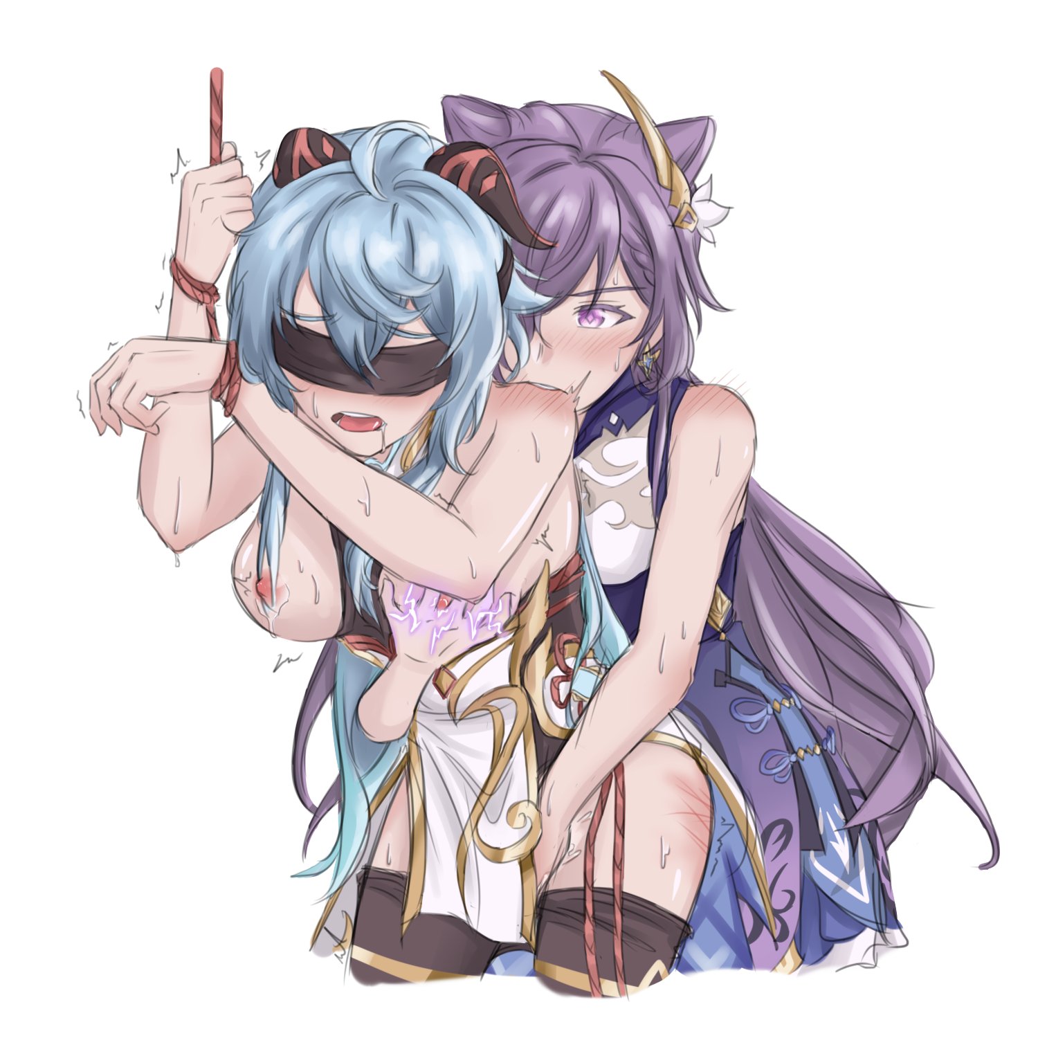 2girls, bangs, beaten, bite, biting, blindfold, blue hair, bondage, breast grab, breasts, clothed, covered eyes, dominant female, domination, electric, electric shock, electricity, electricity manipulation, electricity play, electrostimulation, female, femdom, fetish, fingering, forced orgasm, from behind, ganyu (genshin impact), genshin impact, goat horns, hair ornament, horn, keqing (genshin impact), lezdom, light skin, light-skinned female, long hair, multiple females, multiple girls, open mouth, pale skin, pale-skinned female, pantyhose, punishment, purple eyes, purple hair, saliva trail, scratches, shocking, spank marks, spanked, spanking, submissive female, sweat, tied hands, tied up, trembling, twintails, yuren, yuri