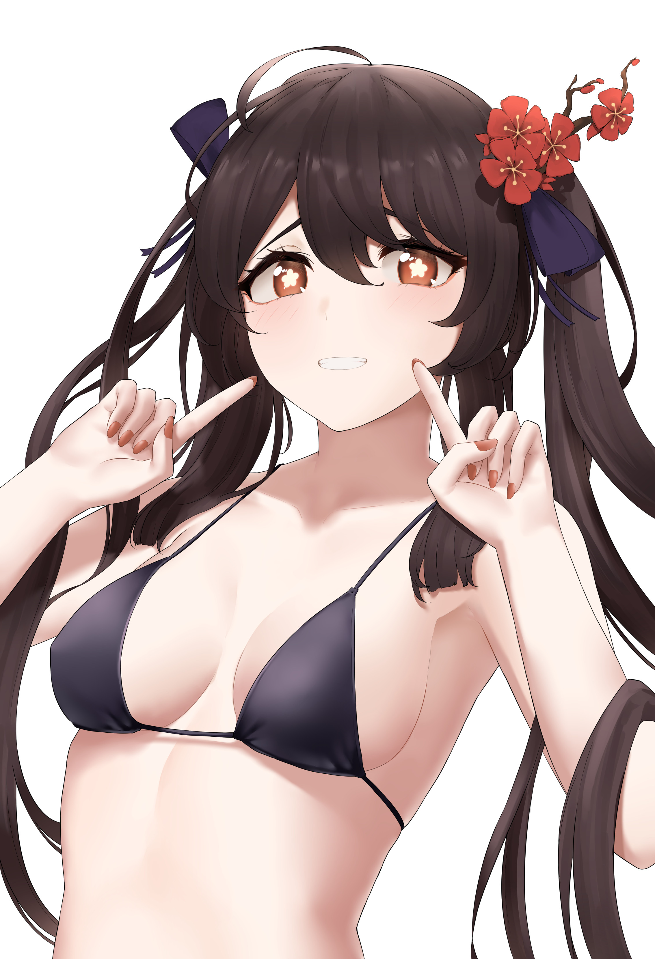 1girls, bikini, bikini top, blush, breasts, brown hair, cute, female, genshin impact, hi res, hu tao (genshin impact), human, light skin, light-skinned female, looking at viewer, pale skin, pale-skinned female, red eyes, sideboob, small breasts, smile, twintails, upper body, waaaa