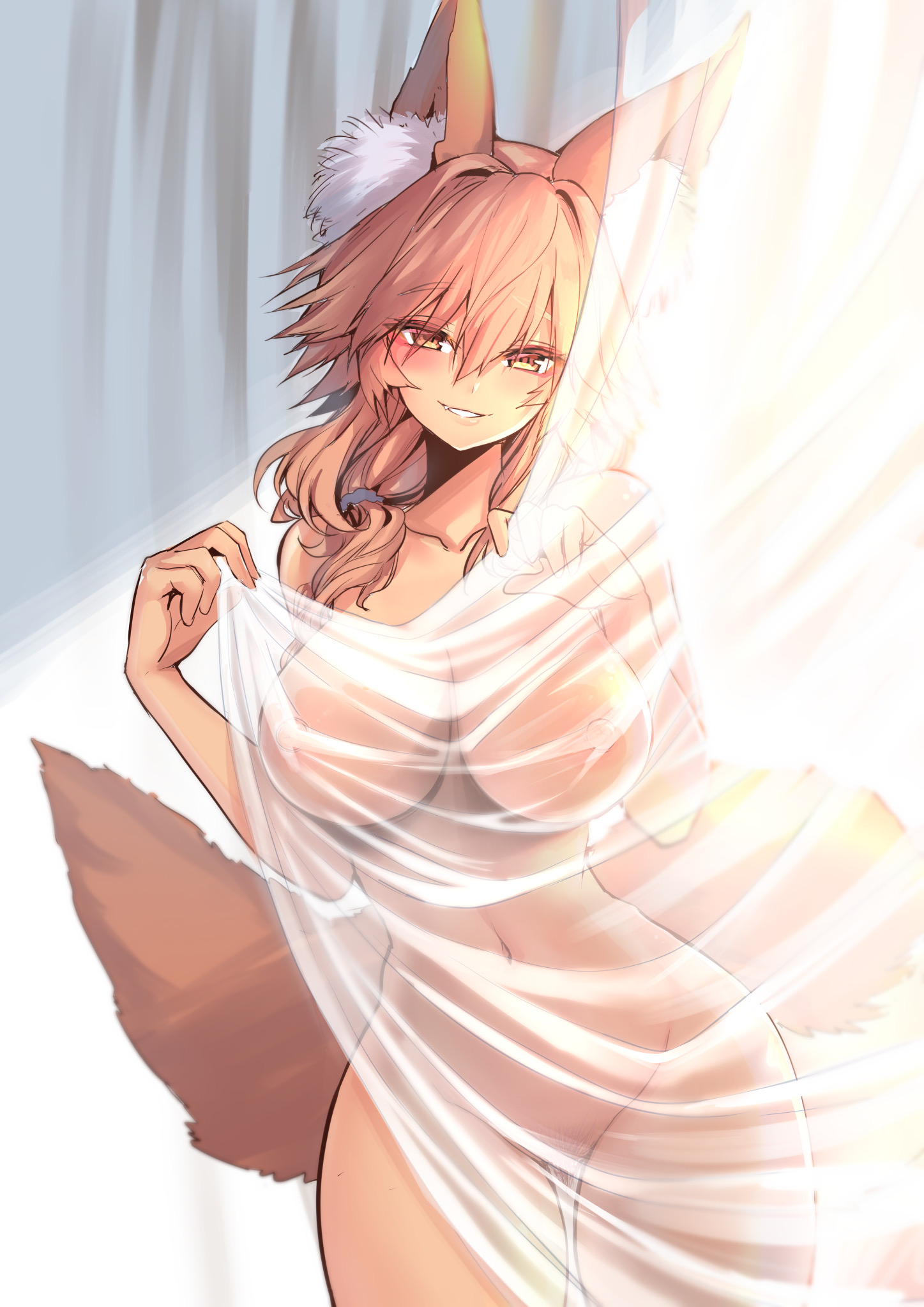 animal ear fluff, animal ears, bangs, blush, breasts, busty, collarbone, completely naked, completely nude, curtains, fate (series), fate/extra, female, female only, female pubic hair, fox ears, fox girl, fox tail, highres, large breasts, long hair, looking at viewer, naked, nude, nude female, pink hair, pubic hair, smile, solo, solo female, tail, tamamo no mae (fate), thighs, voluptuous, wisespeak, yellow eyes
