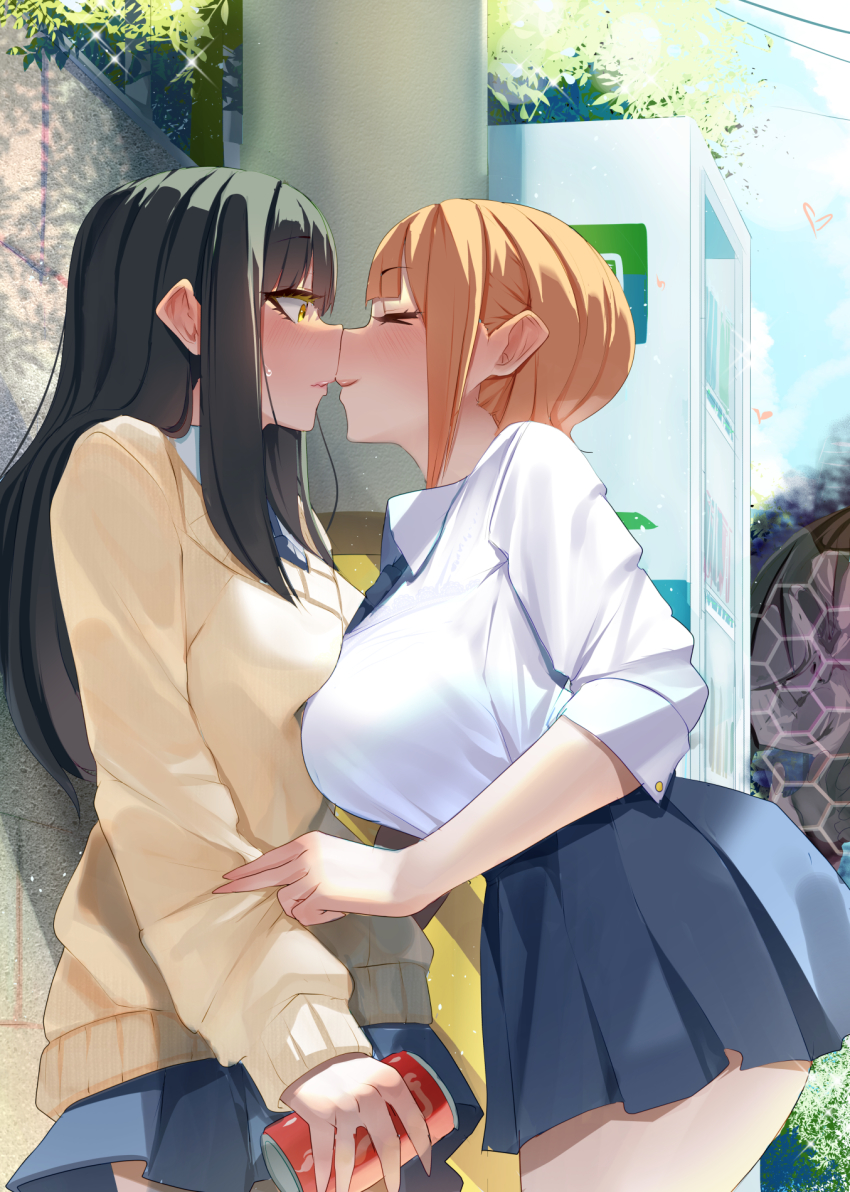 2girls almost_kissing background big_breasts black_hair breast_press breast_squeeze closed_eyes female female_only flat_chest frottage holding_object huge_breasts human long_hair mieruko-chan monobe monobe_yuri multiple_girls orange_hair school_uniform short_hair skirt symmetrical_docking teasing thick_thighs tugging_clothing voluptuous yellow_eyes yotsuya_miko yuri yurikawa_hana