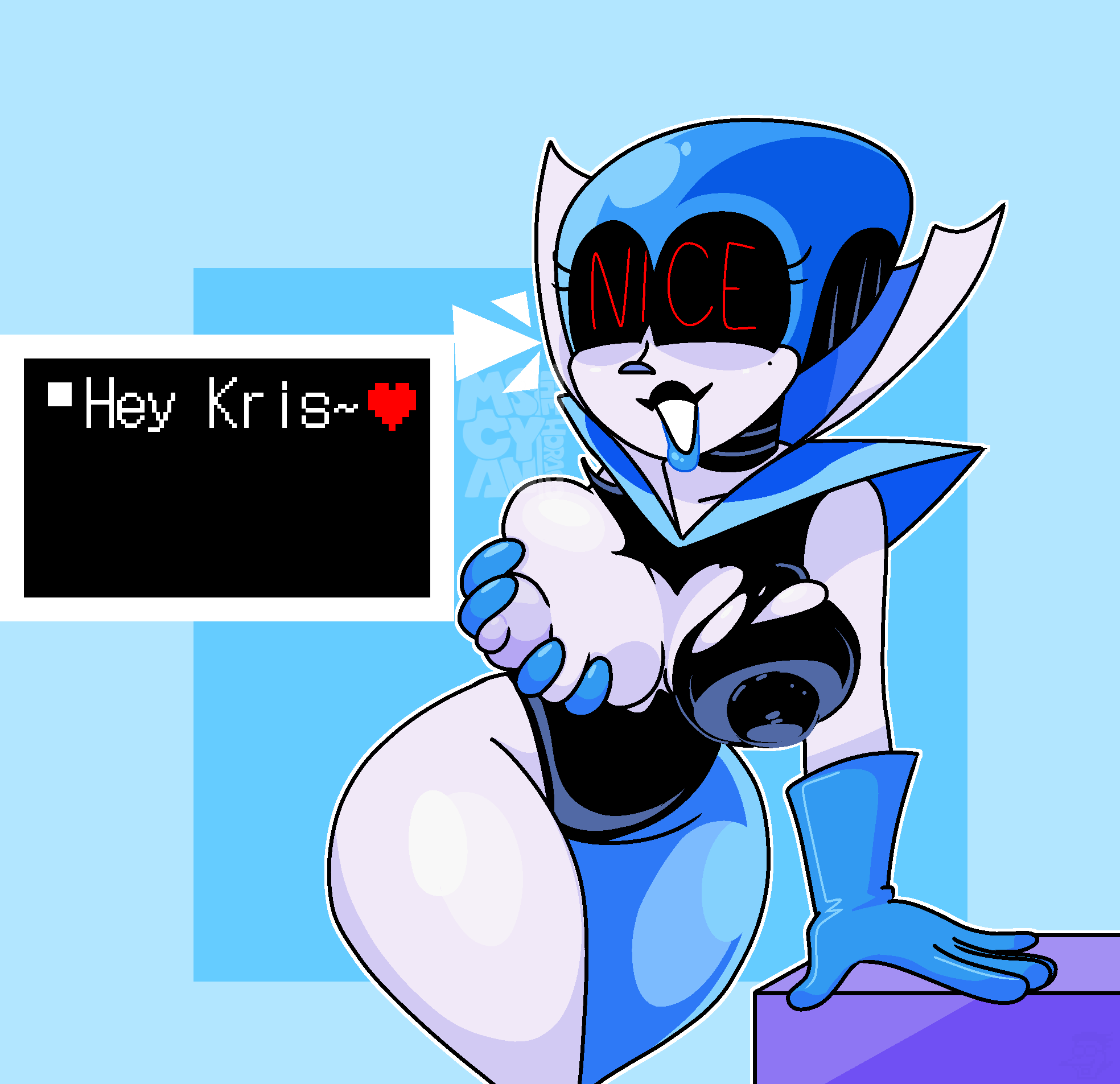 blue breast_grab deltarune deltarune_chapter_2 grabbing_own_breast heart_symbol horaco queen_(deltarune) text thehoraco torn_clothes white_body white_skin