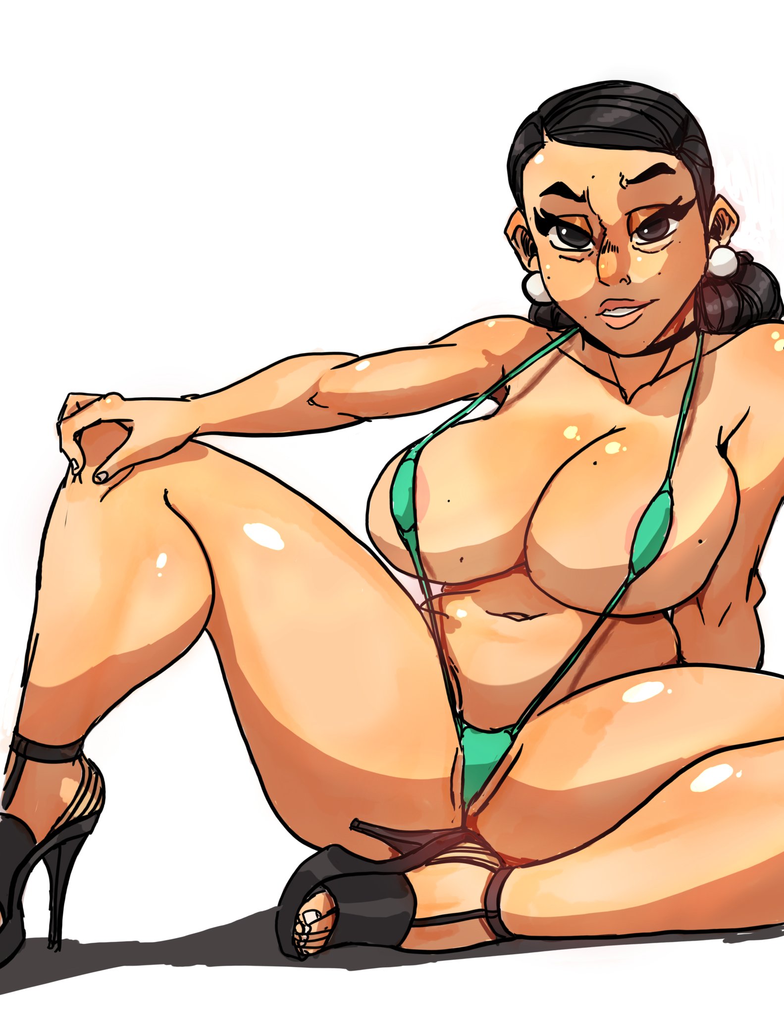 1girls, asian, asian female, bewitching thighs, bikini, black hair, breasts, debbie grayson, deborah grayson, female, female only, hair bun, high heels, huge breasts, image comics, invincible, invincible (comics), light skin, light-skinned female, mature female, milf, mother, sitting, slightly chubby, sling bikini, smmyart, solo, thick thighs, voluptuous