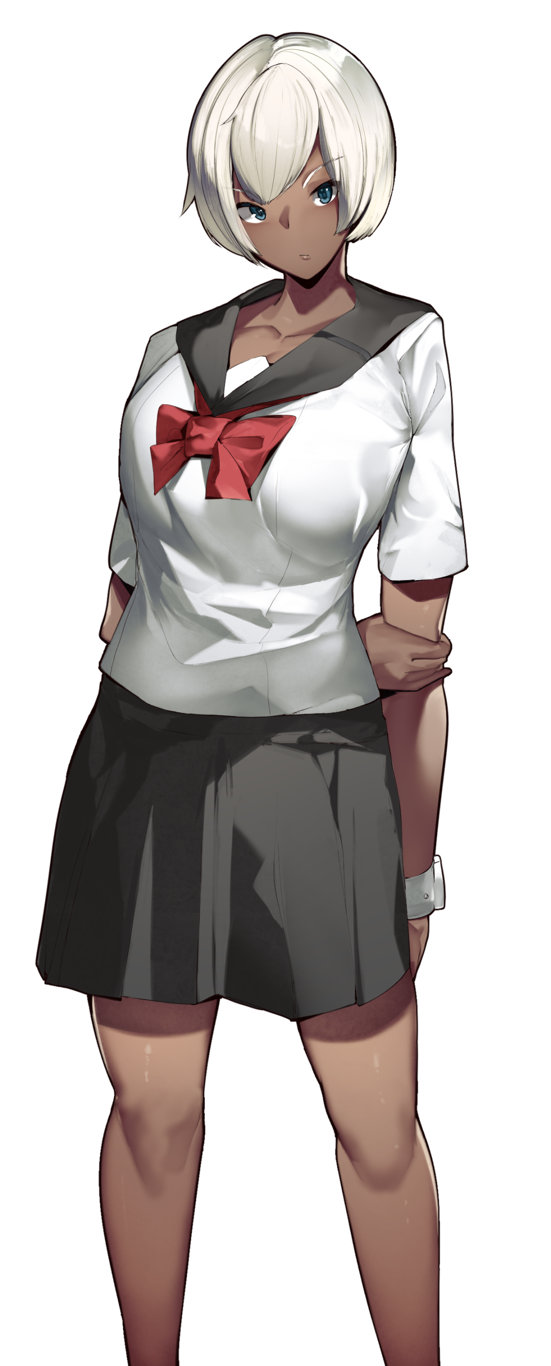 1girls, bare legs, bare thighs, bea (pokemon), blue eyes, breasts, dark skin, dark-skinned female, female, female focus, female only, human, knees, large breasts, long hair, looking at viewer, looking to the side, pokemon, pokemon ss, ribbon, school uniform, schoolgirl, short hair, skirt, solo, solo female, solo focus, tan skin, transparent background, watch, white hair, wristwear, yuuyuu (yuuki1771)