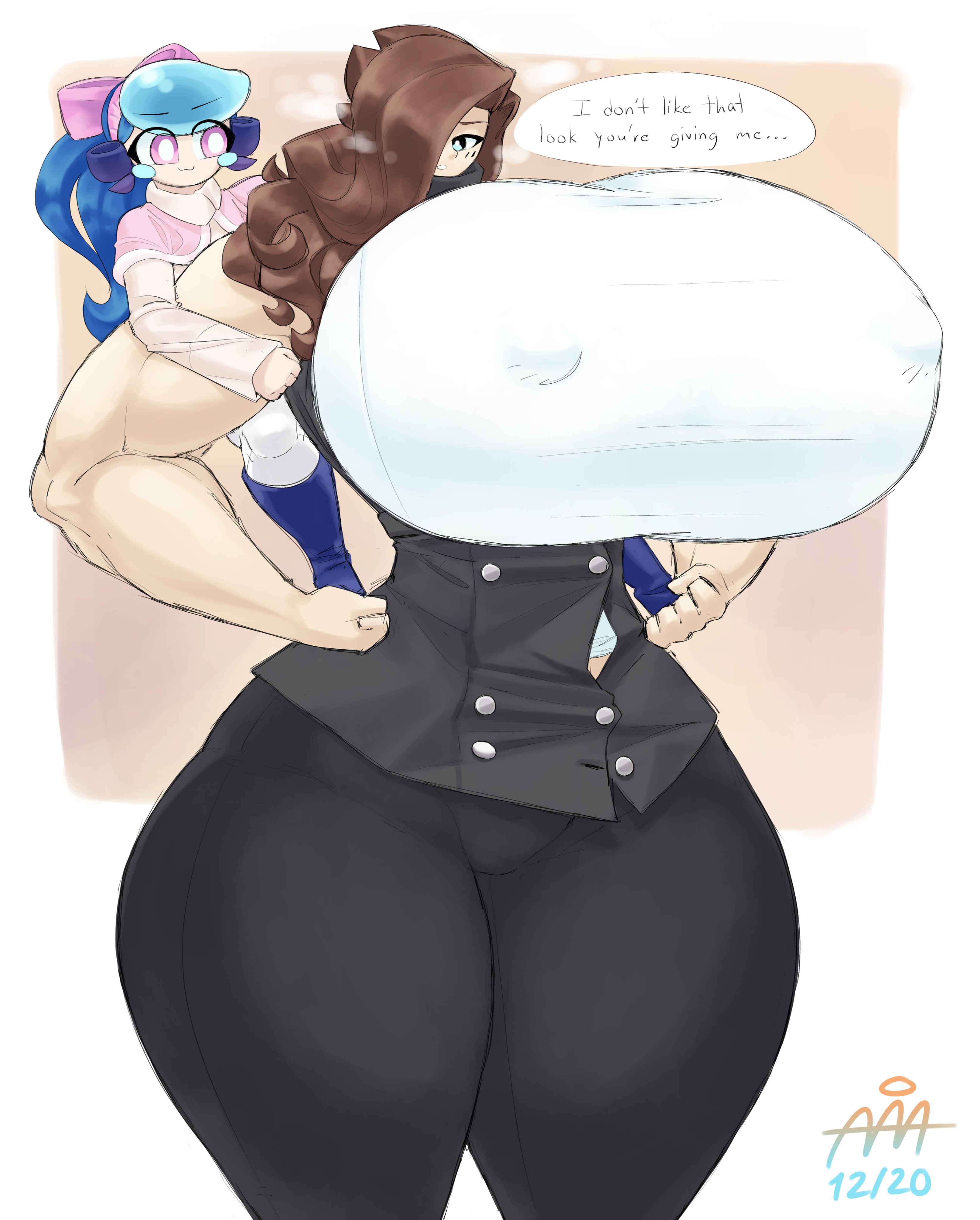 2girls, allanchorsaweigh, breasts, cecilia ahni o'riordan, dialogue, female, female only, hips, huge breasts, larger female, long hair, muscular, muscular female, nipple bulge, smaller female, speech bubble, thick thighs, thighs, watermark, wide hips