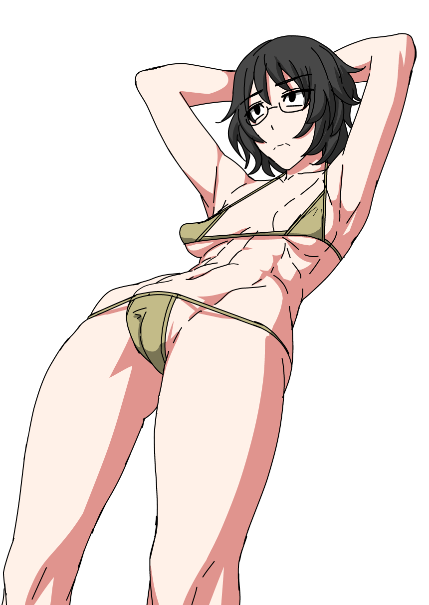 1girls arms_up bikini black_hair cameltoe cleavage glasses pose sagging_breasts shinku_p short_hair skinny small_breasts solo string_bikini white_background