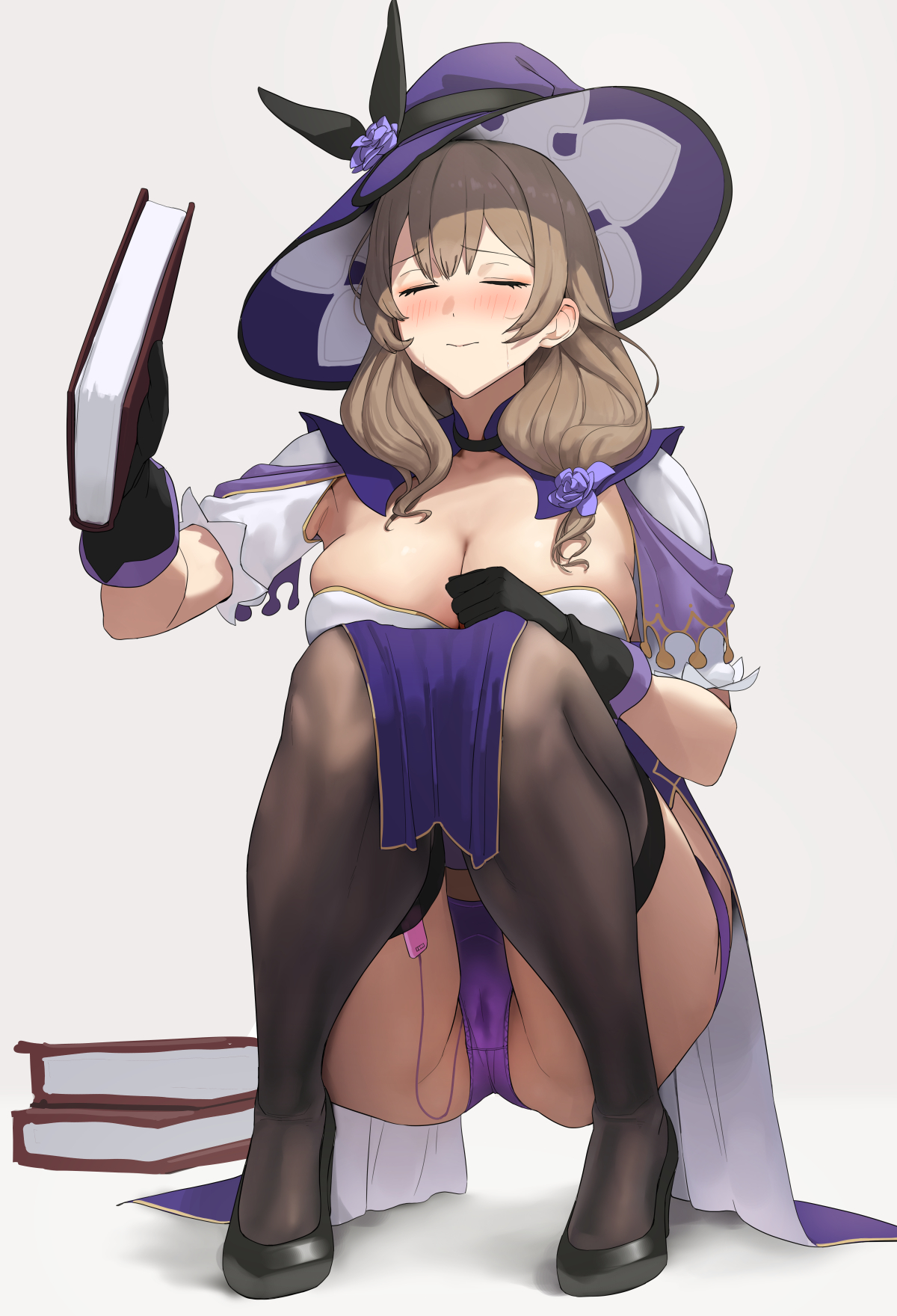 1girls, bangs, black footwear, black gloves, black legwear, blush, book, brown hair, capelet, chela77, closed eyes, closed mouth, dress, egg vibrator, female, full-face blush, genshin impact, gloves, hat, high heels, highres, holding, holding book, lisa (genshin impact), long hair, panties, purple dress, purple panties, raised eyebrows, sex toy, solo, squatting, sweat, thighhighs, two-tone dress, underwear, vibrator, vibrator cord, vibrator under clothes, vibrator under panties, white dress, witch hat
