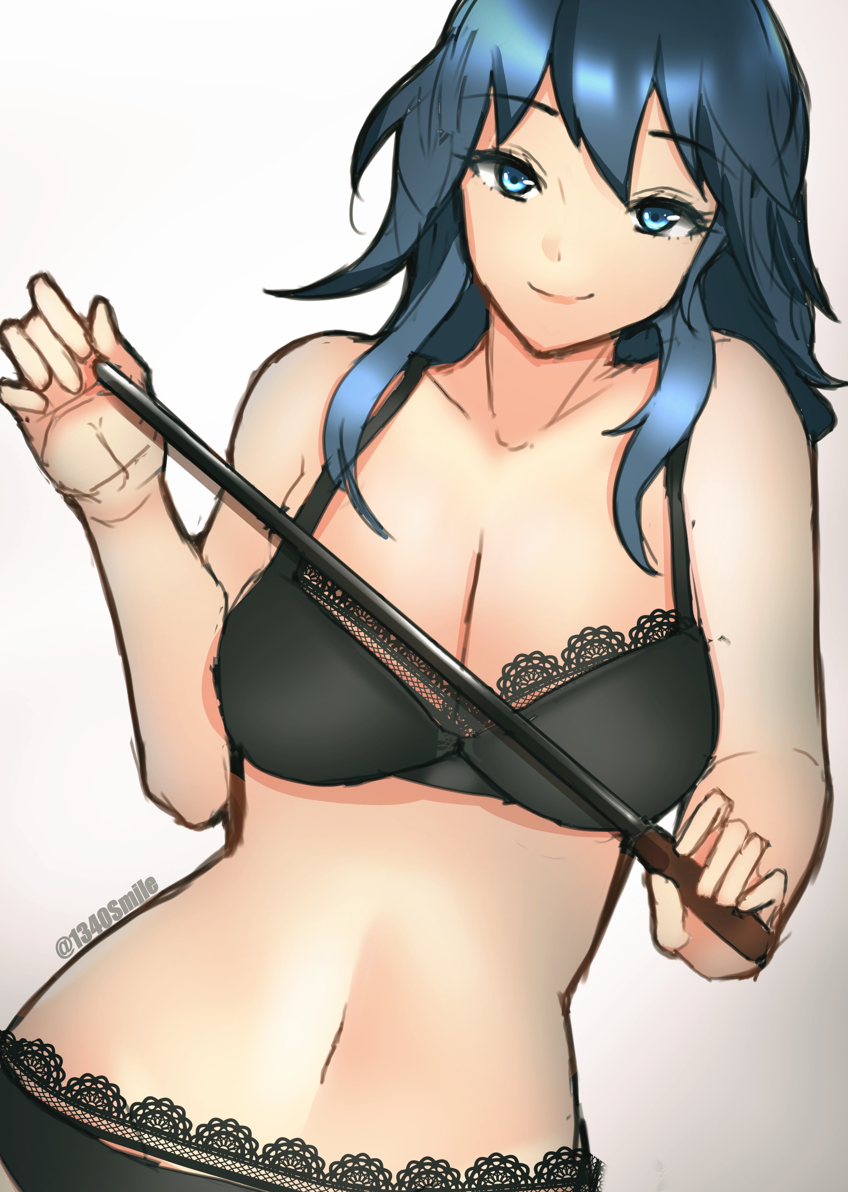 1340smile, 1girls, bare midriff, black lingerie, black panties, blue eyes, bra, byleth (fire emblem), byleth (fire emblem) (female), cleavage, female, femdom, fire emblem, fire emblem: three houses, lingerie, looking at viewer, medium hair, midriff, nintendo, panties, pointer, smile, smirk, smirking at viewer, smug, solo, super smash bros., teal hair, underwear