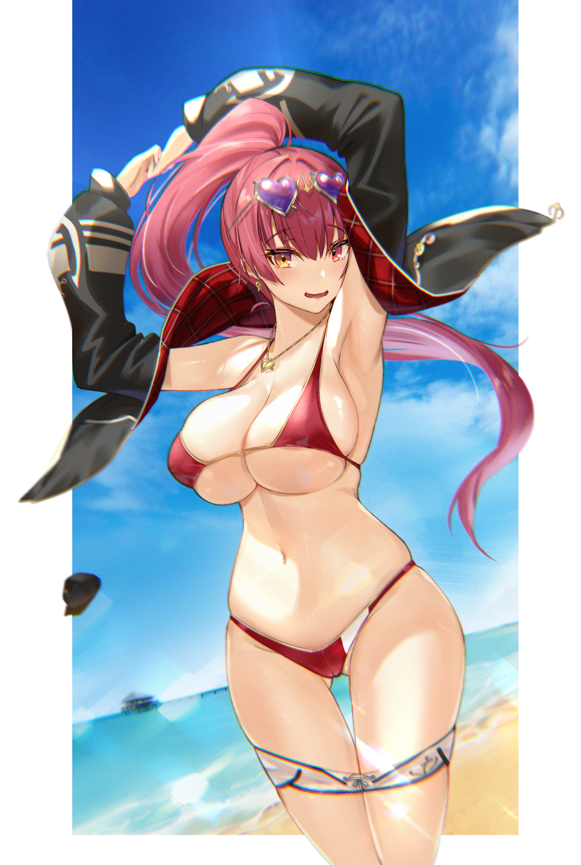 1girls, 2021, armpits, arms up, ass visible through thighs, bangs, bikini, black jacket, blurry, blurry background, breasts, cleavage, day, eyewear on head, female, female focus, female only, heart, heart-shaped eyewear, heterochromia, high ponytail, highleg, highleg bikini, highres, hololive, hololive fantasy, hololive japan, houshou marine, jacket, jewelry, kakumayu, large breasts, long hair, long sleeves, looking at viewer, navel, necklace, ocean, outdoors, ponytail, red bikini, red bikini bottom, red bikini top, red eye, red hair, shorts down, skindentation, solo, solo female, summer, sunglasses, swimsuit, thigh gap, virtual youtuber, yellow eye