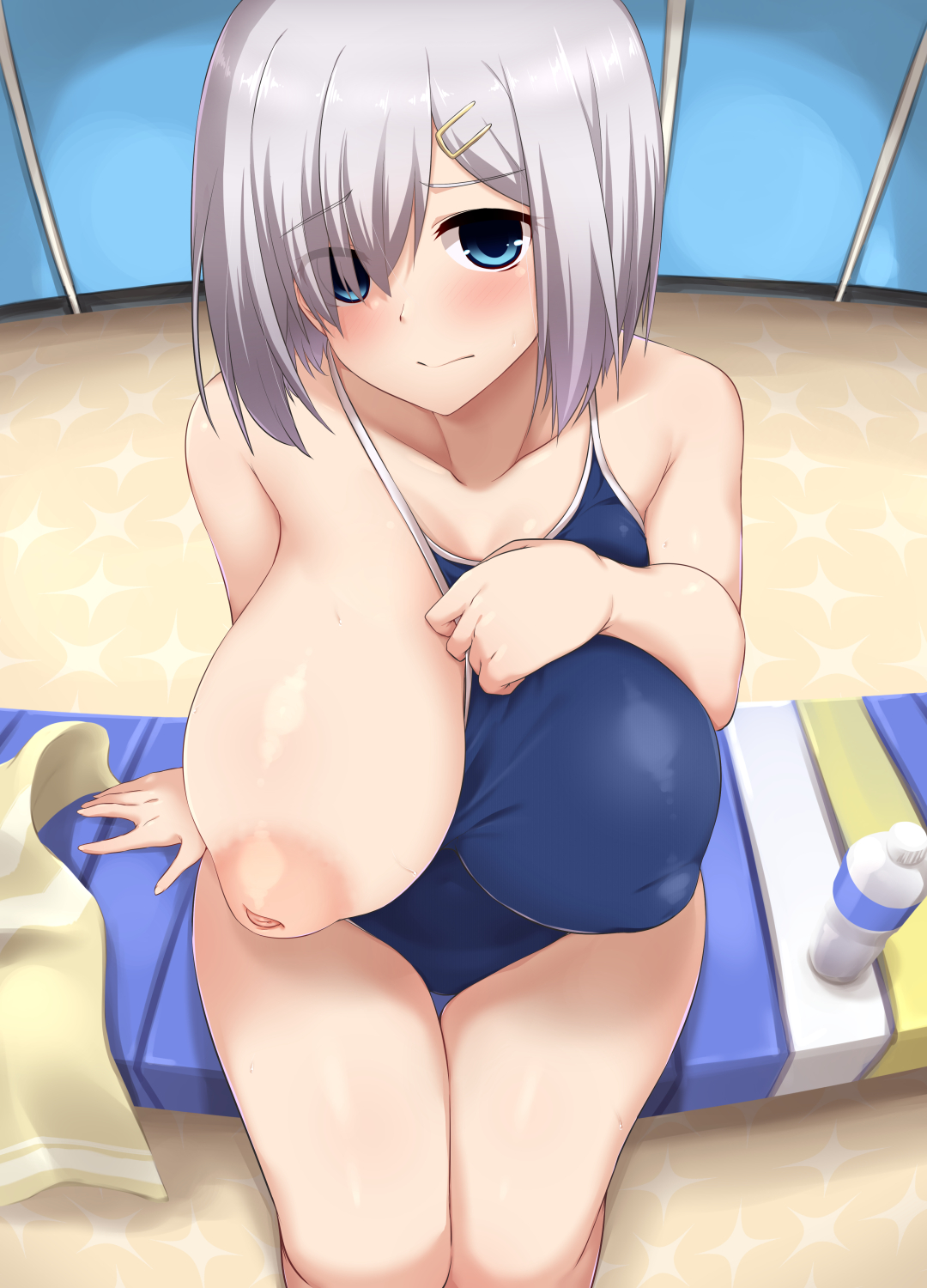 alternate costume, bangs, bare arms, bare legs, bare shoulders, blue eyes, blush, bottle, breasts, changing room, closed mouth, collarbone, commentary request, competition school swimsuit, eyes visible through hair, female, hair ornament, hair over one eye, hairclip, hamakaze (kantai collection), highres, huge breasts, indoors, inverted nipples, kantai collection, looking at viewer, nipples, one breast out, one-piece swimsuit, short hair, silver hair, sitting, solo, swimsuit, towel, yoshi tama