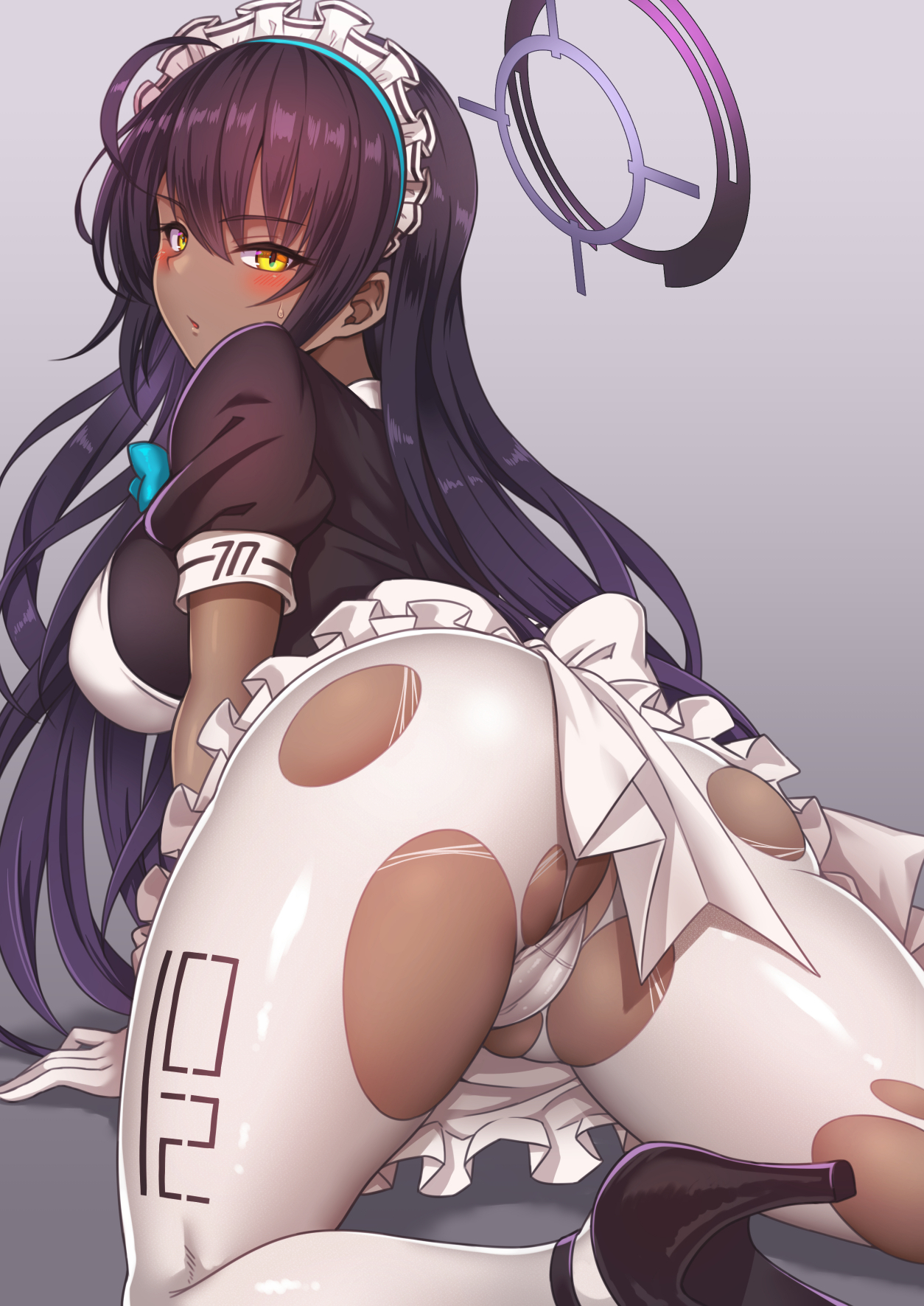 1girls, 2021, ahoge, all fours, apron, arm support, ass, back bow, bangs, black hair, blue archive, blush, bow, breasts, cameltoe, cleaning & clearing (blue archive), dark skin, dark-skinned female, eyebrows visible through hair, female, female focus, female only, frilled apron, frills, from behind, gloves, halo, high heels, highres, karin (blue archive), large breasts, long hair, looking at viewer, looking back, maid, maid apron, maid headdress, millennium science school logo (blue archive), millennium science school student, no pants, panties, pantyhose, parted lips, pussy, shiny, shiny clothes, shirt, shoes, short sleeves, sidelocks, skindentation, solo, solo female, torn clothes, torn legwear, underwear, very long hair, white apron, white gloves, white legwear, yasojima nejiro, yellow eyes