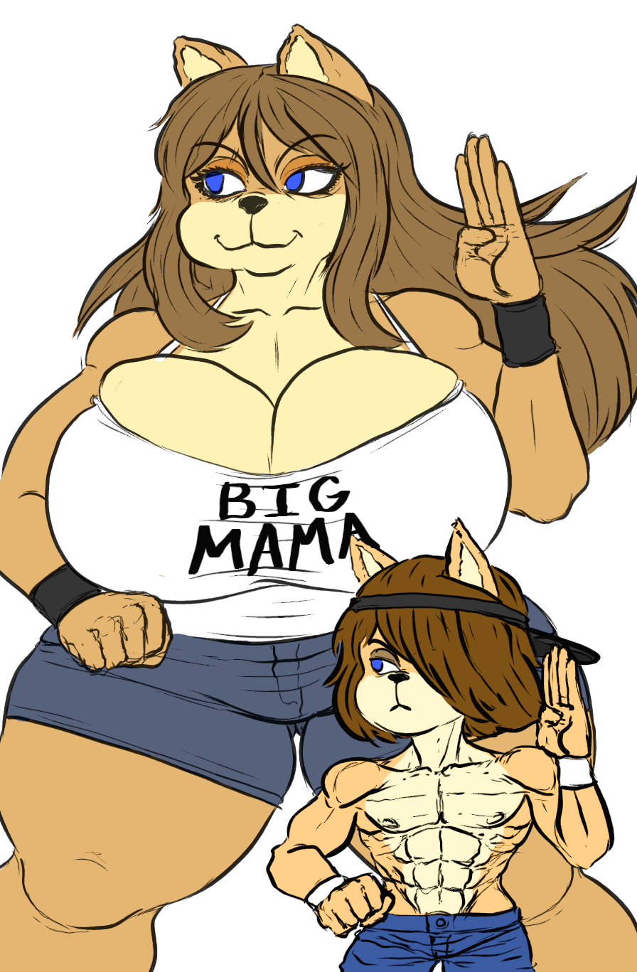 2021 anthro big_breasts blue_bottomwear blue_clothing blue_eyes blue_pants blue_shorts bottomwear breasts brown_hair canid canine canis clothed clothing domestic_dog duo duo_focus eyelashes eyeshadow female fur group hair hat headgear headwear hi_res huge_breasts june_(jinu) long_hair makeup male mammal mature_female mother mother_and_child mother_and_son multicolored_body multicolored_fur muscular muscular_anthro muscular_male pants parent parent_and_child shirt shirtbusters shorts simple_background size_difference skylar_(jinu) son tagme topwear two_tone_body two_tone_fur visor_cap white_background white_clothing white_shirt white_topwear wristband yellow_body yellow_fur