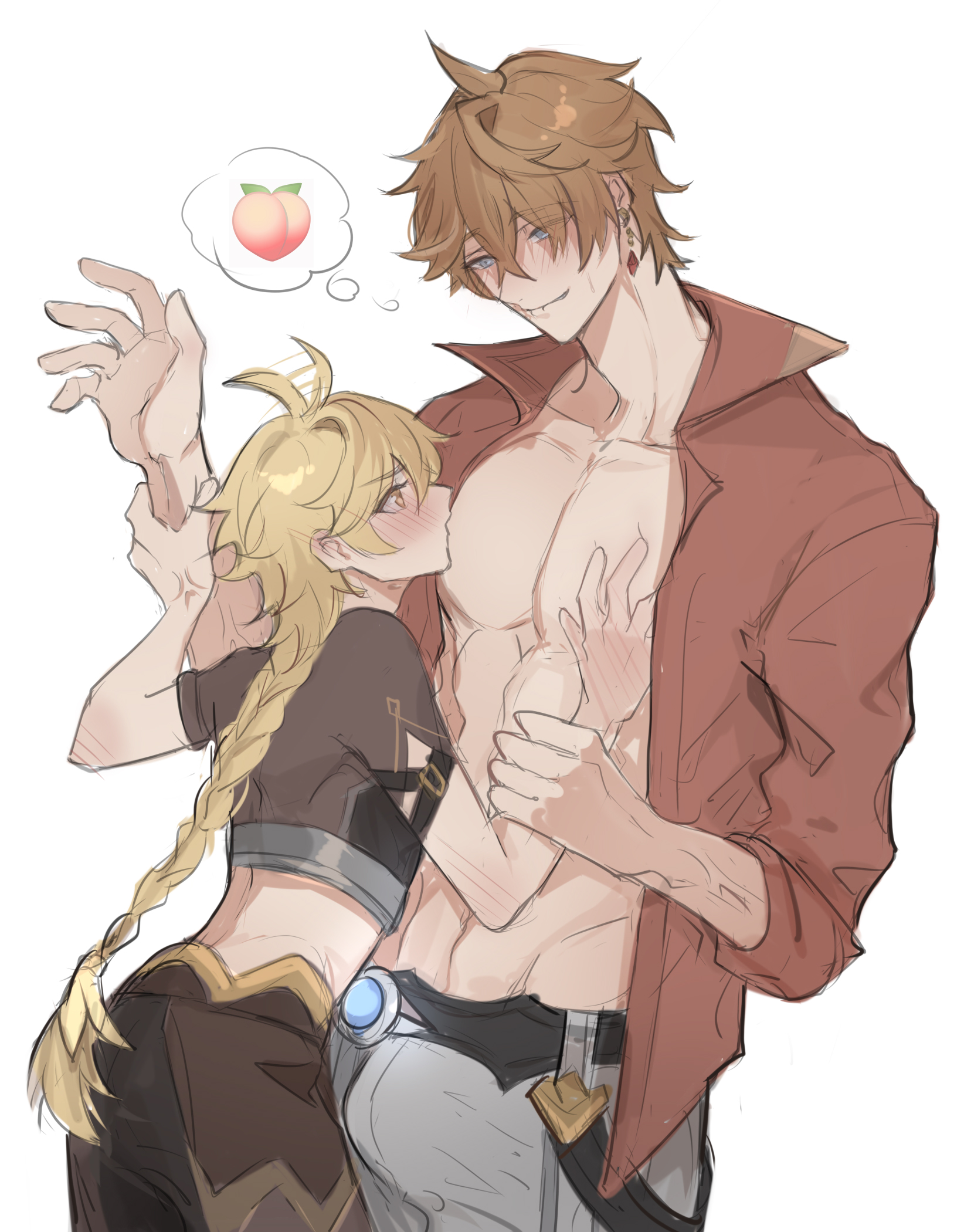 2boys, aether (genshin impact), blonde hair, bulge, bulge through clothing, childe (genshin impact), erection, femboy, gay, genshin impact, ginger hair, male, male only, size difference, sucking, tartaglia (genshin impact)