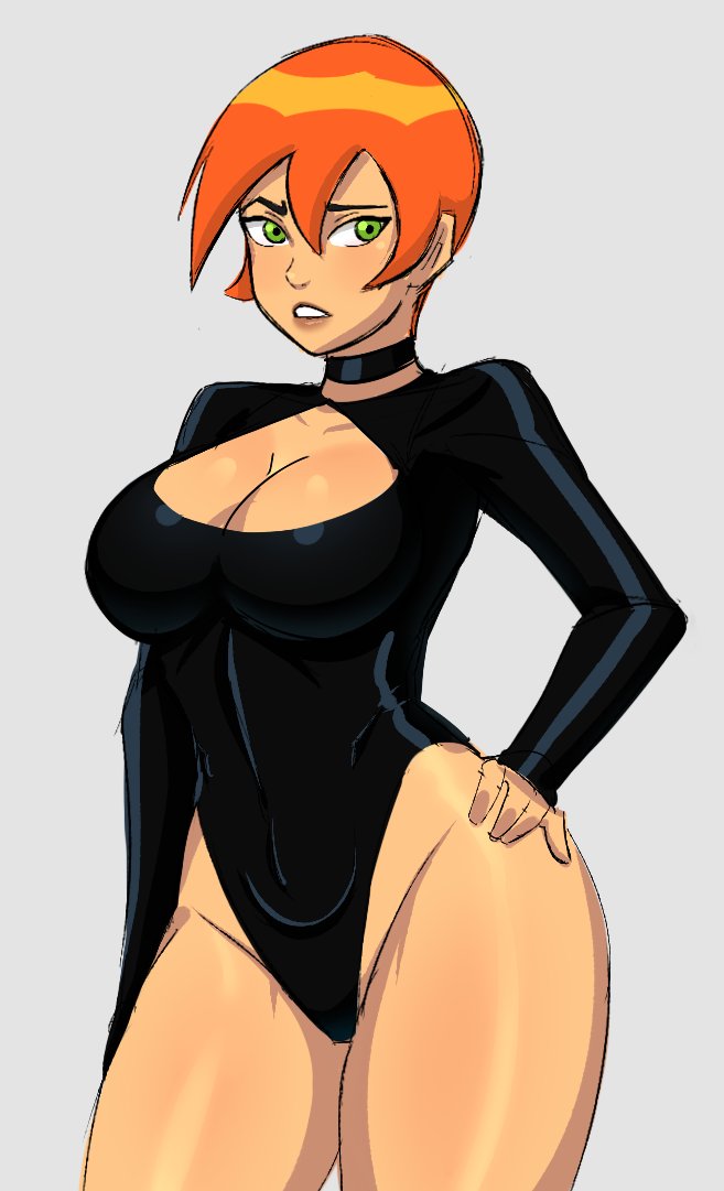 1girls, ben 10, ben 10 (classic), big breasts, boob window, boobs, breasts, cartoon network, choker, cleavage cutout, donchibi, doodle, eye contact, female, future gwen, green eyes, gwen tennyson, hand on hip, large breasts, leotard, looking at viewer, standing, thick thighs, thighs, thong leotard