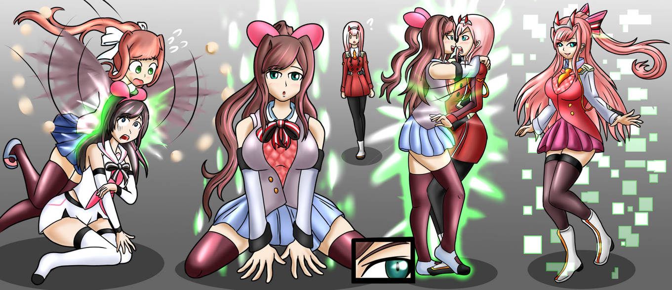 3girls a.i._channel accidental_circumstance accidental_fusion assimilation blue_eyes brown_hair clothing corruption crossover darling_in_the_franxx doki_doki_literature_club doodledowd female female_only fusion gradient_background green_eyes grey_background kizuna_ai merging monika_(doki_doki_literature_club) multiple_girls pink_clothing pink_hair ponytail skirt symmetrical_docking trip virtual_youtuber yuri zero_two_(darling_in_the_franxx)