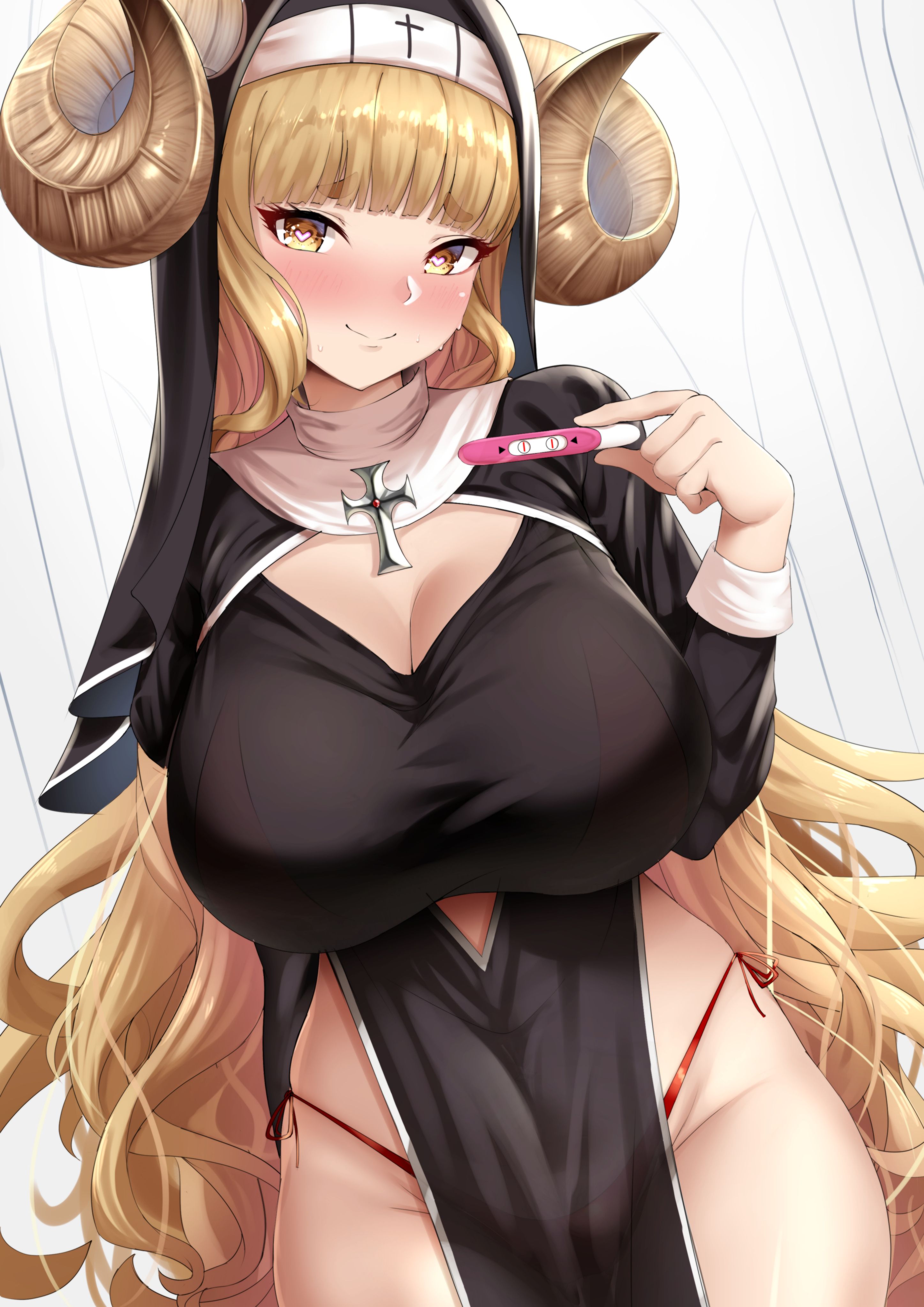 1girls, anila (granblue fantasy), areola slip, big breasts, bikini, bikini under clothes, blonde hair, blush, breasts, cross, curly hair, curvy, dearonnus, dirty blonde, dirty blonde hair, draph, draph race (granblue fantasy), female, female only, granblue fantasy, habit, heart-shaped pupils, horns, image, long hair, looking at viewer, navel piercing, nipples, nun, nun outfit, nun's habit, pelvic curtain, piercing, pregnancy test, pubic hair, ram horns, red bikini, sandy blonde, sandy blonde hair, sheep horns, side slit, smile, solo, sweat, swimsuit, thick eyebrows, uncensored, very long hair, wide hips, yellow eyes