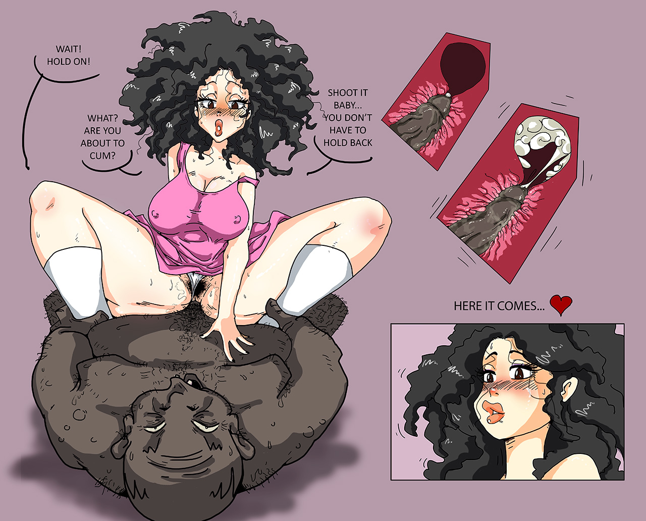 1boy, 1girls, afro, blush, clothed, cum, cum in pussy, cum inside, dirty old man, fat male, female, heart, jinxycutie, male, old male, penis, premature ejaculation, pubic hair, pussy, riding penis, ugly bastard