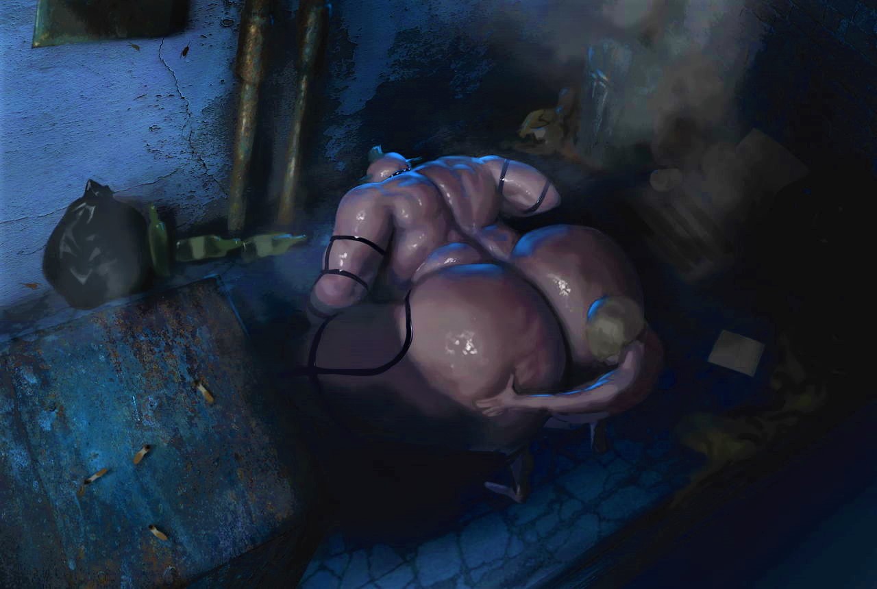 1boy, 1girls, against wall, alley, ass, ass grab, bimbo, breasts, clown, clown girl, female, huge ass, huge breasts, larger female, male, ms. clown, muscular, muscular female, nasty, night, sex, size difference, smaller male, straight, vkorg