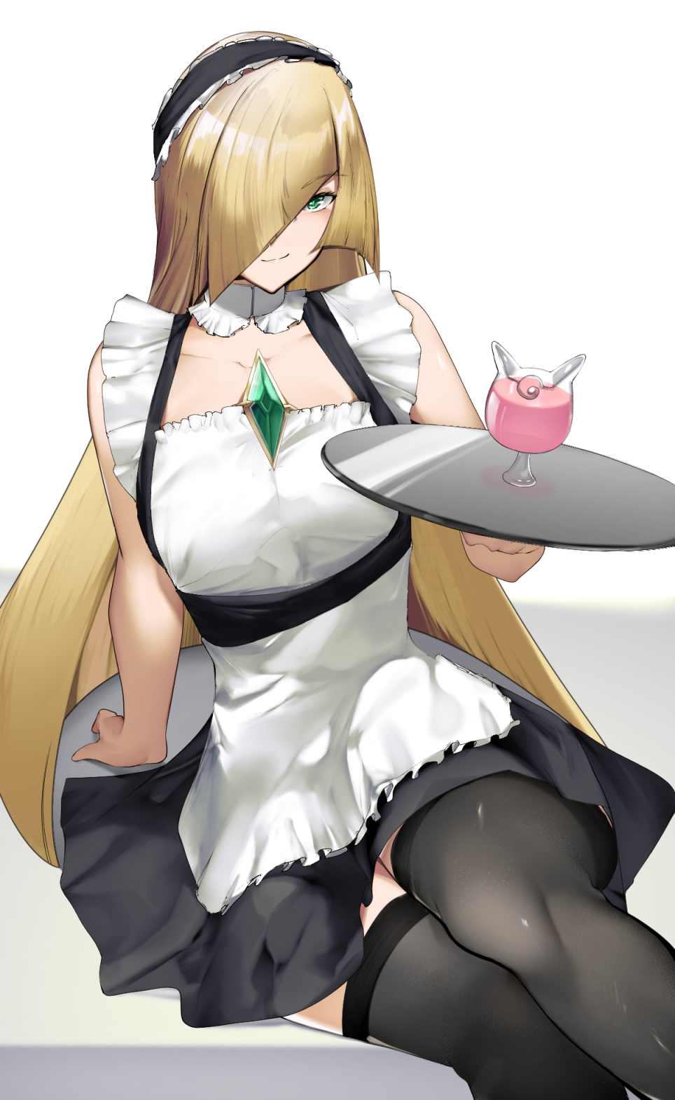 1girls bare_shoulders black_gloves blonde_hair breasts exposed_pussy female female_focus female_only frills game_freak green_eyes hair_ornament hair_over_one_eye holding_object jewel long_gloves long_hair lusamine_(pokemon) maid maid_apron maid_headdress maid_uniform nintendo pokemon pokemon_sm see-through see-through_clothing serving_drink serving_tray sitting small_breasts solo solo_female solo_focus waitress white_background yuuyuu_(yuuki1771)