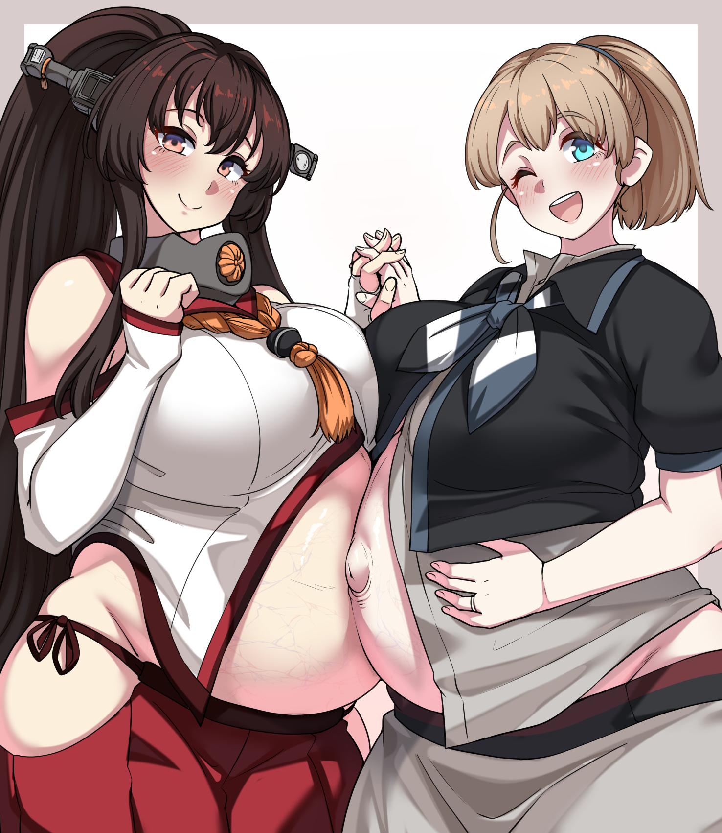 2girls, bangs, bare shoulders, big breasts, blue eyes, blush, breasts, brown hair, clothing, detached sleeves, elbow gloves, female, female only, fingerless gloves, gloves, hair ornament, hakama, hakama skirt, headgear, holding hands, interlocked fingers, intrepid (kantai collection), kantai collection, light brown hair, long hair, looking at viewer, open mouth, open shirt, ponytail, pregnant, ready to pop, ryuun (stiil), short sleeves, sidelocks, smile, veiny belly, very long hair, wedding ring, wink, yamato (kantai collection)