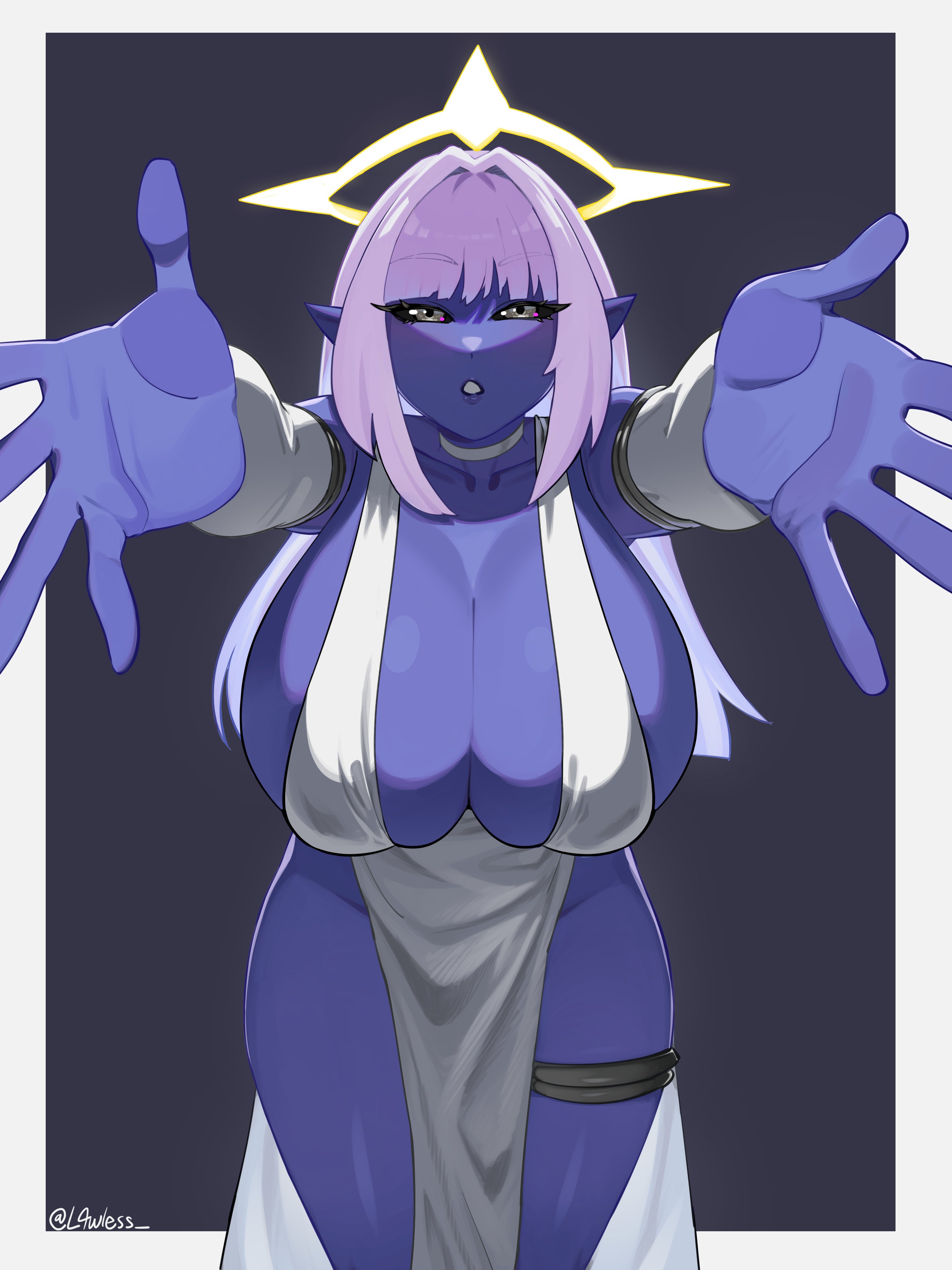 1girls, absurd res, arm sleeves, bangs, big breasts, black sclera, blue skin, breasts, choker, cleavage, dress, female, female only, grey eyes, halo, hoshiko (whitenova), l4wless, legband, long hair, looking at viewer, narrowed eyes, outstretched arms, pointy ears, sideboob, skimpy, solo, solo female, white hair