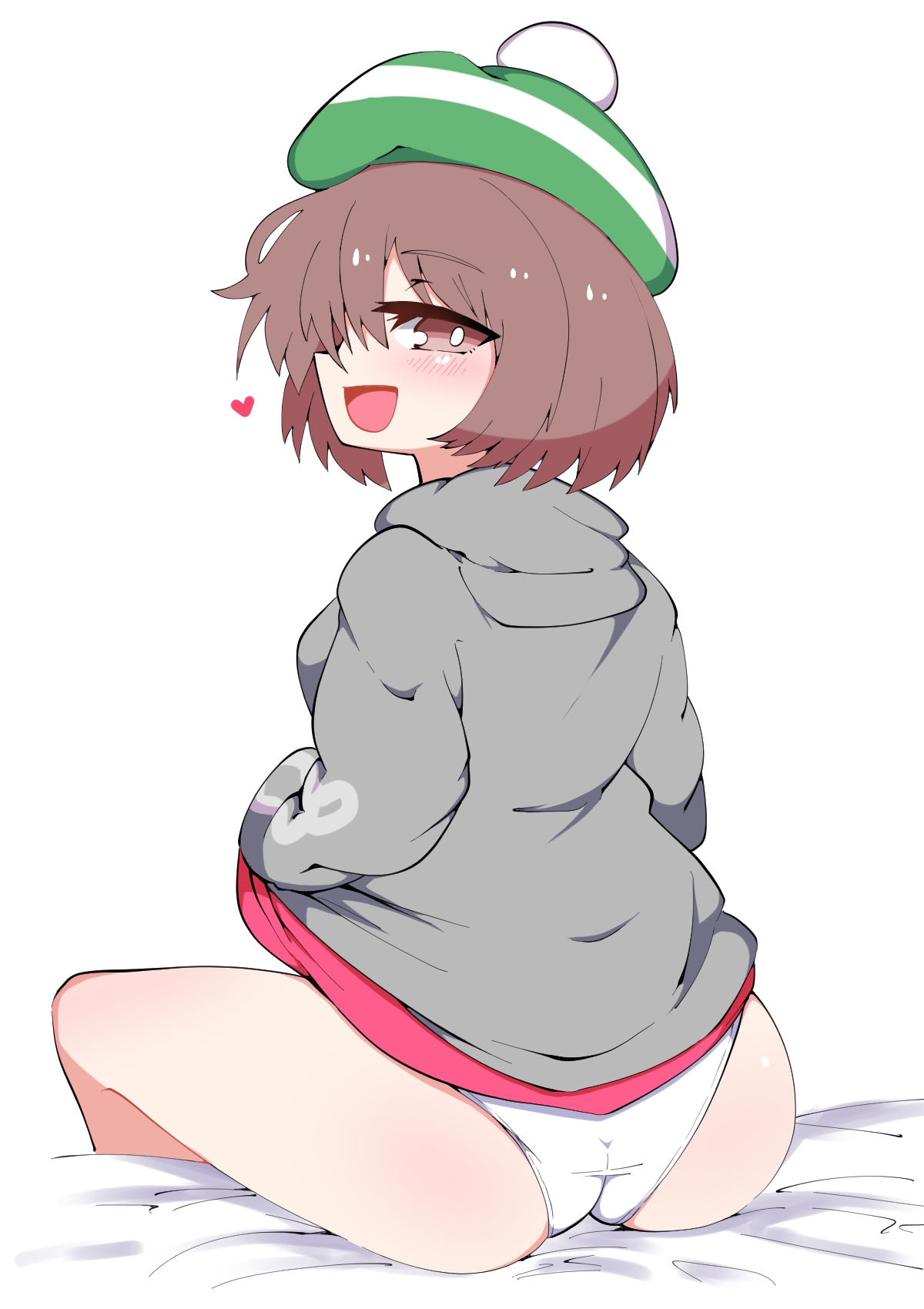 1girls, ass, blush, brown hair, eye contact, female, female only, gloria (pokemon), hat, looking at viewer, looking back, nintendo, panties, pokemon, pokemon ss, rkh999, short hair, sitting, solo, spoken heart, thighs