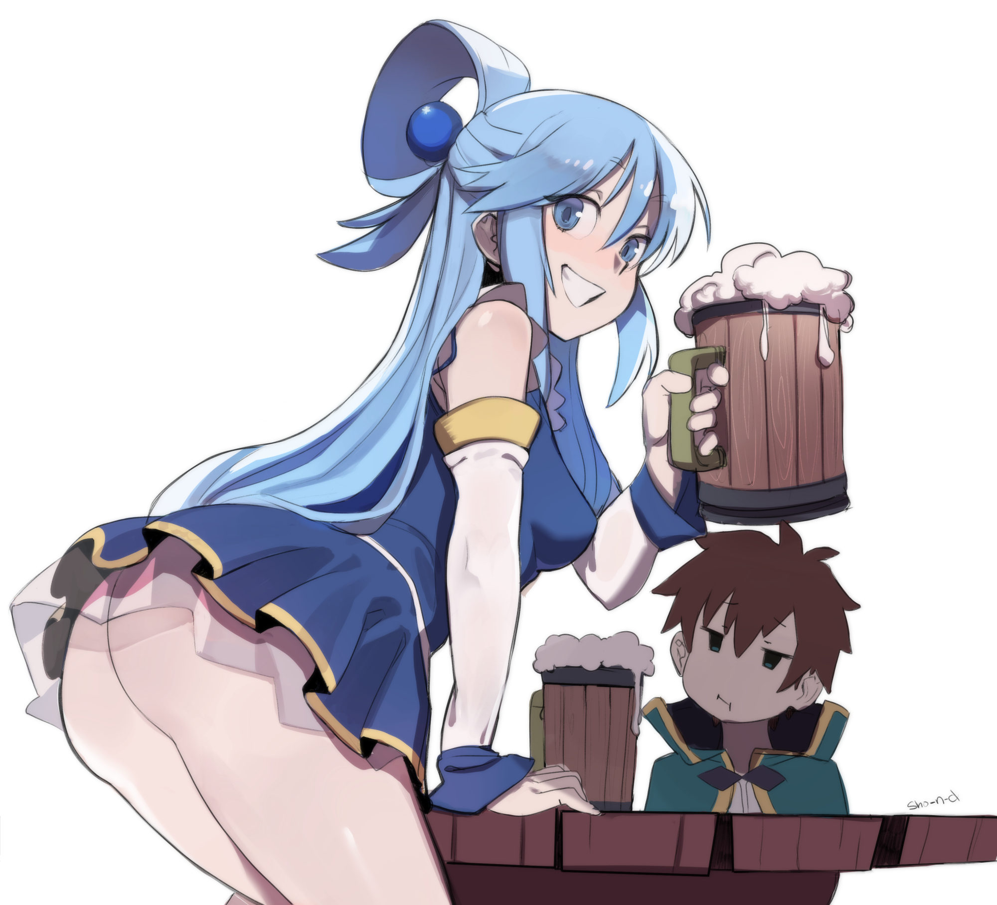 1boy, 1girls, aqua (konosuba), ass, big ass, blue eyes, blue hair, breasts, brown hair, eye contact, female, jar, kono subarashii sekai ni shukufuku wo!, long hair, looking at viewer, male, satou kazuma, sho-n-d, short hair, skirt, thick thighs, thighs