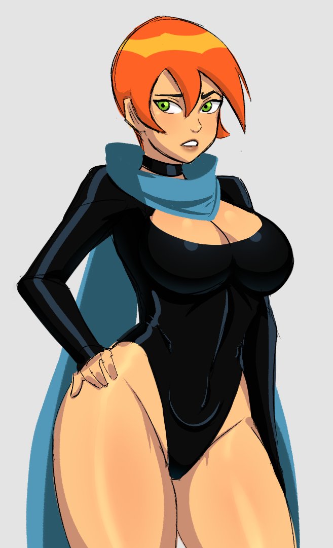 1girls, ass, ben 10, ben 10 (classic), big ass, big breasts, big butt, breasts, cartoon network, choker, donchibi, doodle, eye contact, female, female only, future gwen, green eyes, gwen tennyson, hand on hip, large breasts, leotard, looking at viewer, standing, thick thighs, thighs