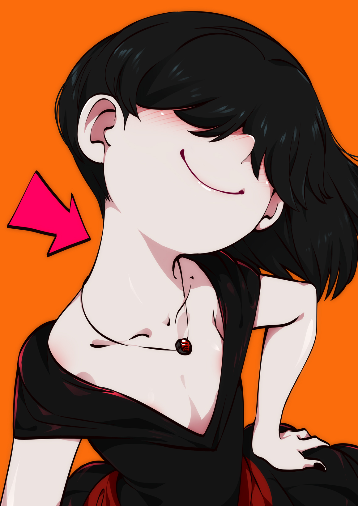 1girls, alternate costume, arrow (symbol), bangs, bangs over eyes, bite me, black dress, black hair, black nails, blushing, closed mouth, collarbone, commentary, cute smile, dress, english commentary, female, female focus, female only, flat chest, flushed face, gem, goth, goth girl, hair over eyes, hand on hip, hidden eyes, highres, inviting, jcm2, jewelry, light brown hair, lucy loud, medium hair, nail polish, necklace, nonsexual, orange background, pale skin, pose, shiny, shiny hair, shiny skin, simple background, smile, solo, the loud house, v-neck, wholesome