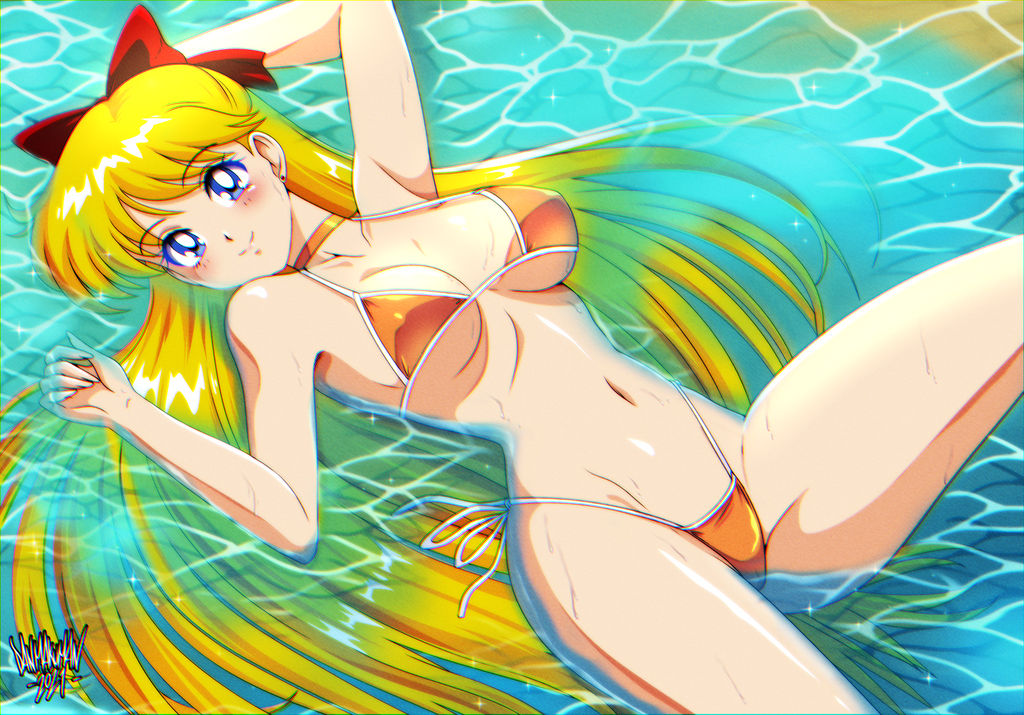 armpits, bikini, bishoujo senshi sailor moon, blonde hair, blue eyes, bow, breasts, danmakuman, female, female only, hairbow, higher resolution available, large breasts, long hair, lying on back, minako aino, small breasts, solo, swimsuit, voluptuous, water