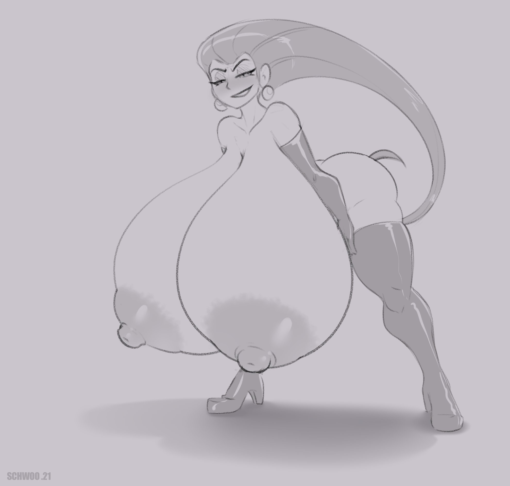 1girls, areolae, breasts, elbow gloves, female, female only, gigantic breasts, huge breasts, huge nipples, hyper, hyper breasts, jessie (pokemon), large areolae, long hair, looking at viewer, monochrome, nintendo, nipples, pokemon, pokemon rgby, puffy nipples, schwoo, solo, team rocket, thick thighs, thighhighs, video games